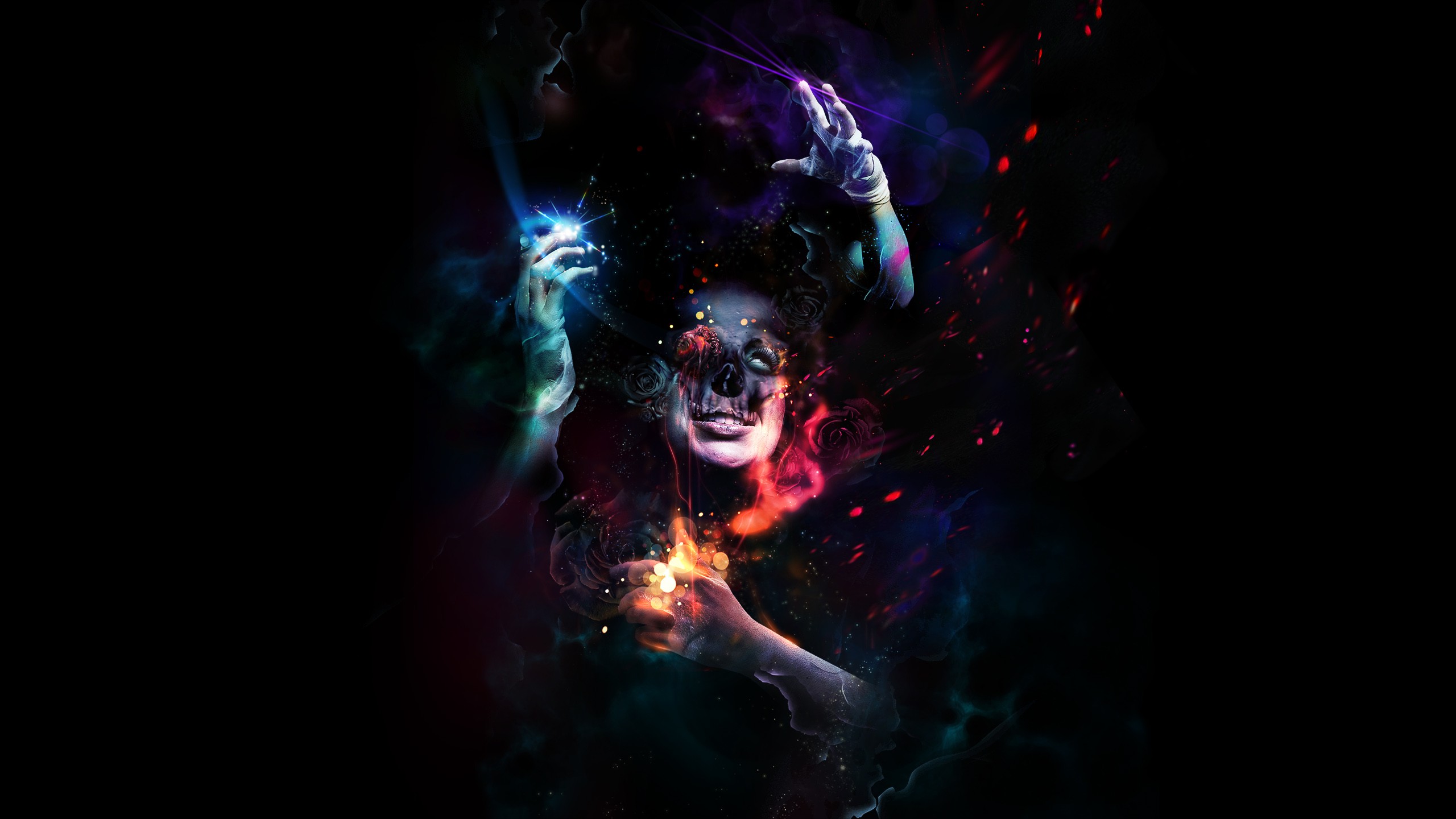 Digital art of a skull-faced woman with glowing hands HD Wallpaper