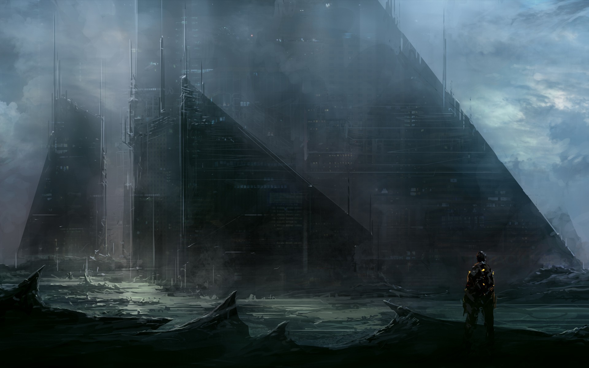 Futuristic city with a lone figure in the foreground HD Wallpaper