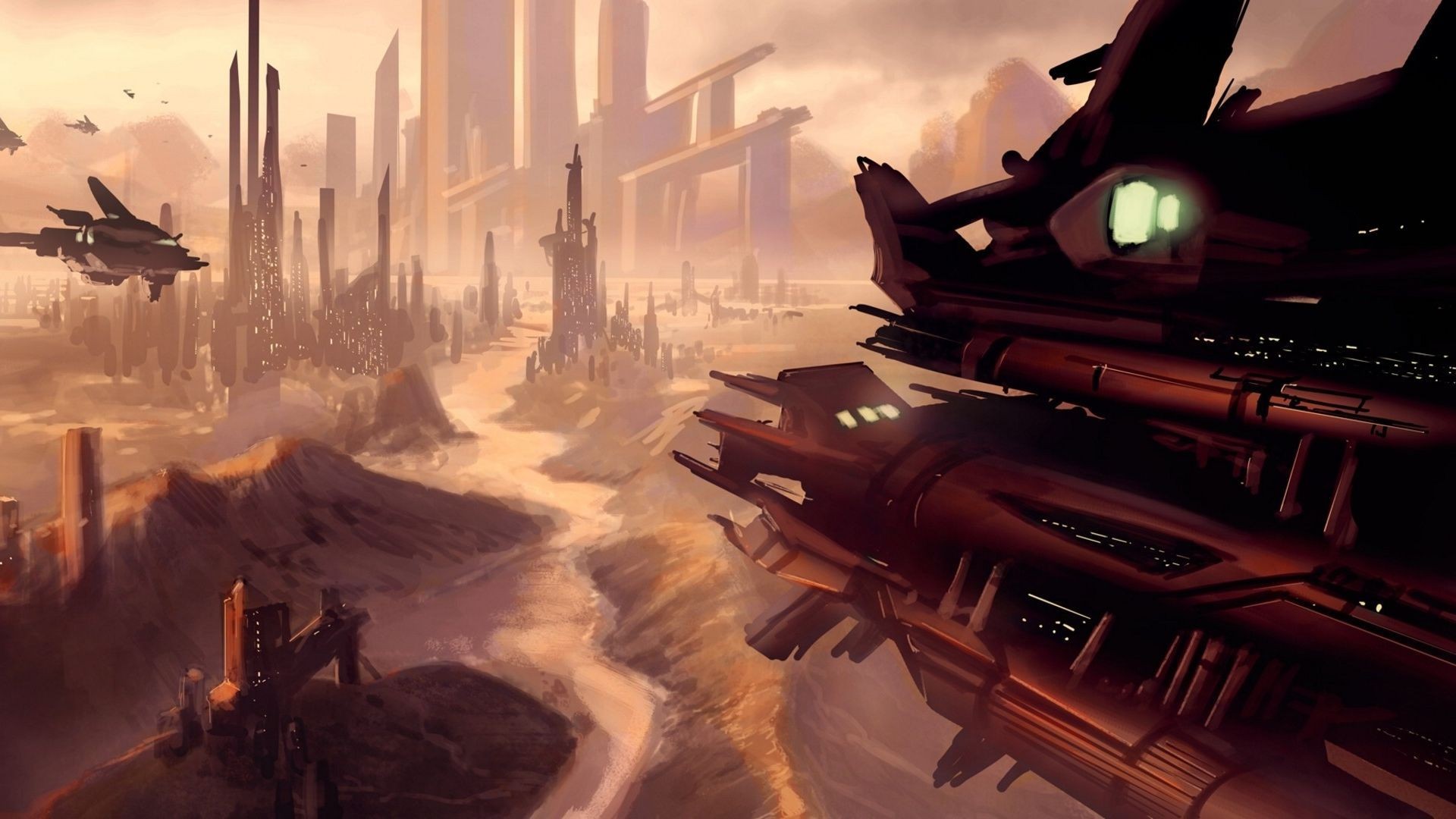 Futuristic city with spaceships in a desert landscape HD Wallpaper