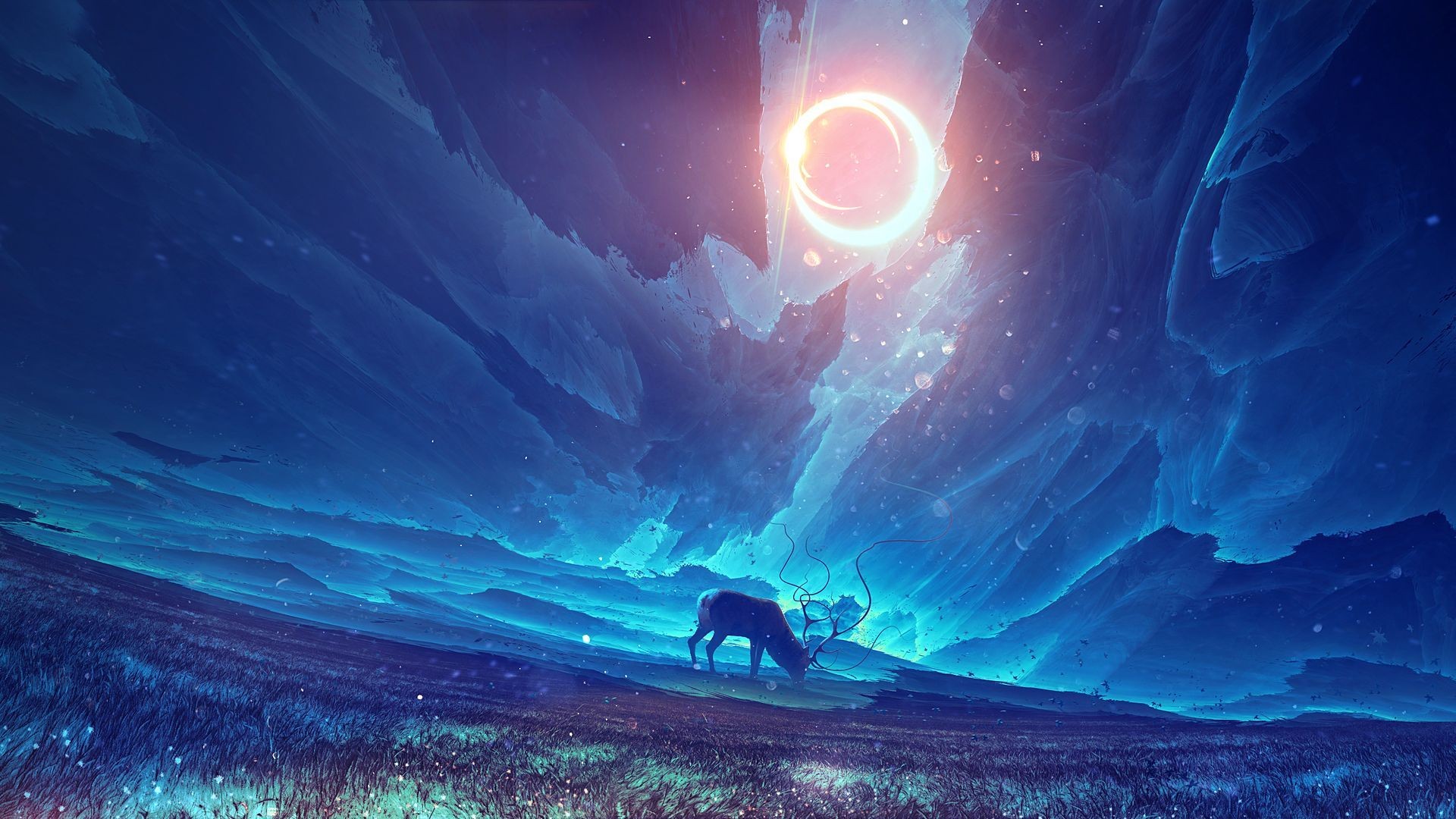 Deer in a fantasy landscape with a solar eclipse HD Wallpaper