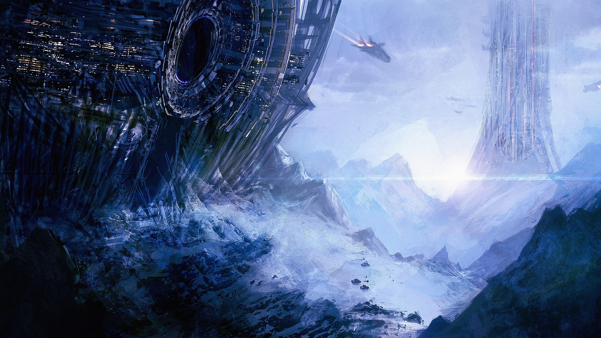 Futuristic city on a rocky planet with spaceships HD Wallpaper