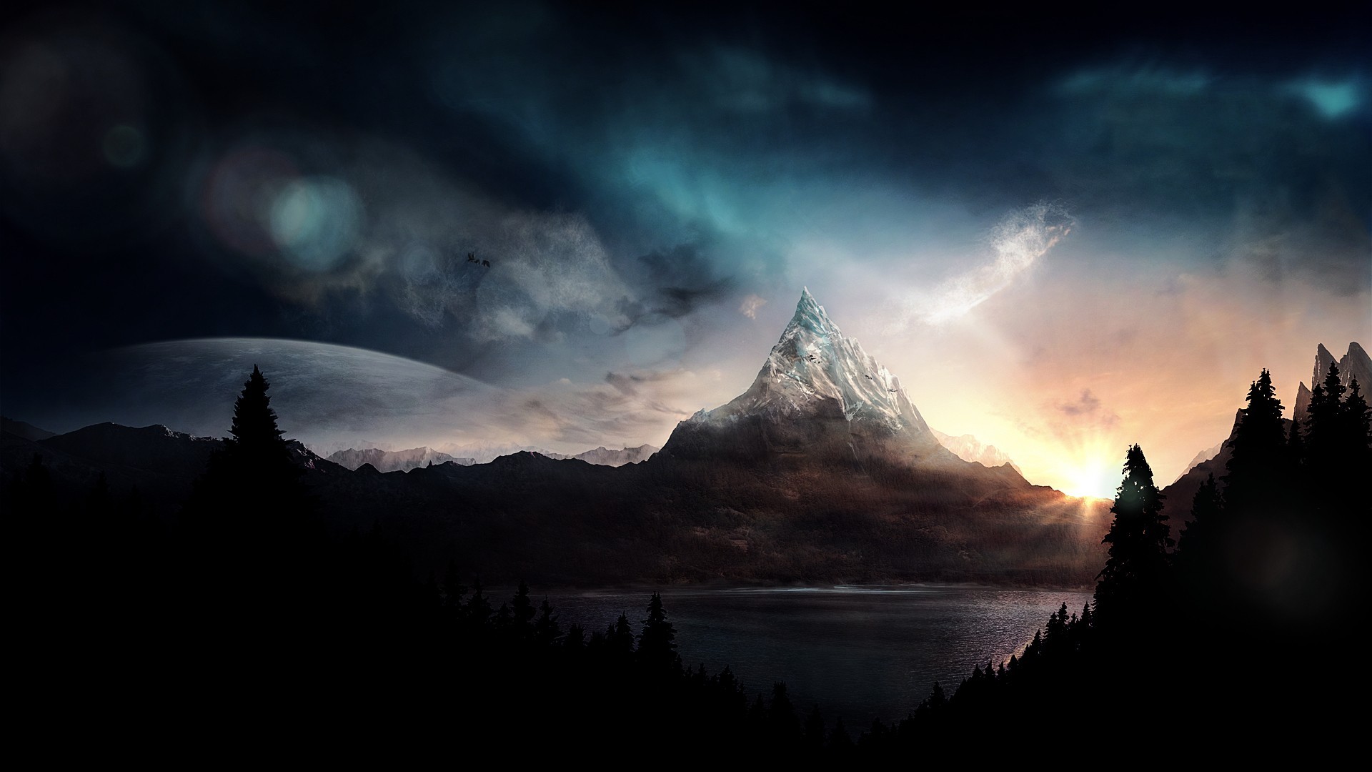 Digital art landscape with mountains, lake, and forest HD Wallpaper