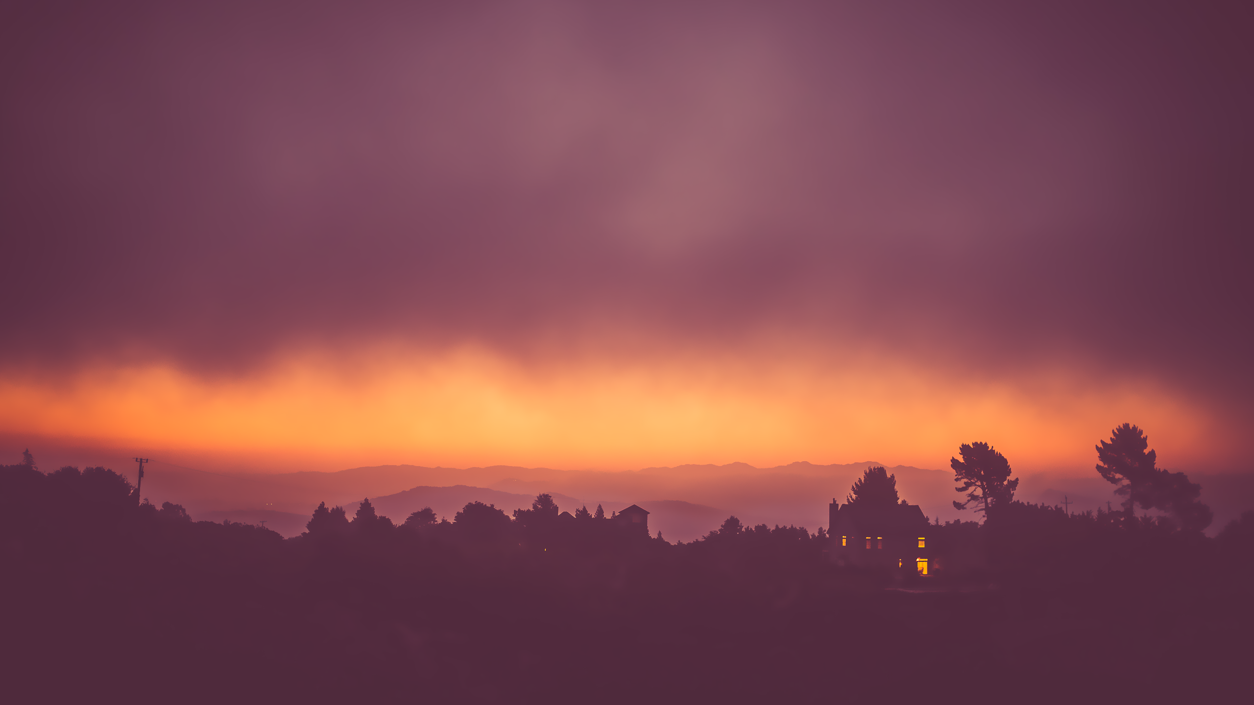 House in mist during sunset landscape HD Wallpaper