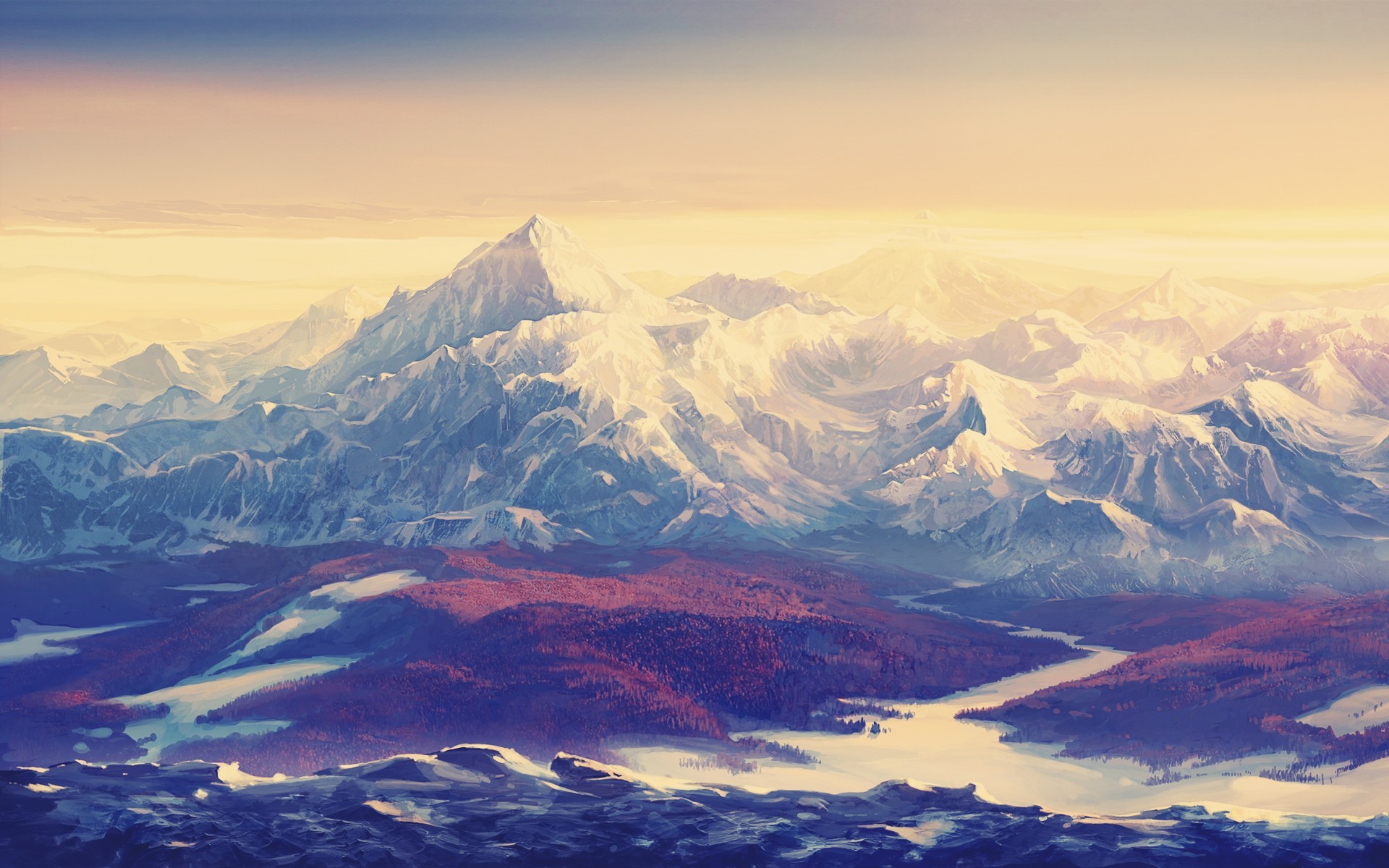 Painting of snow-capped mountains at sunrise HD Wallpaper