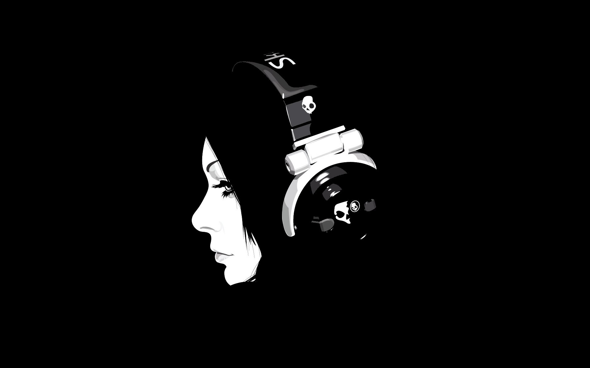 Minimalist black and white illustration of a woman with headphones HD Wallpaper