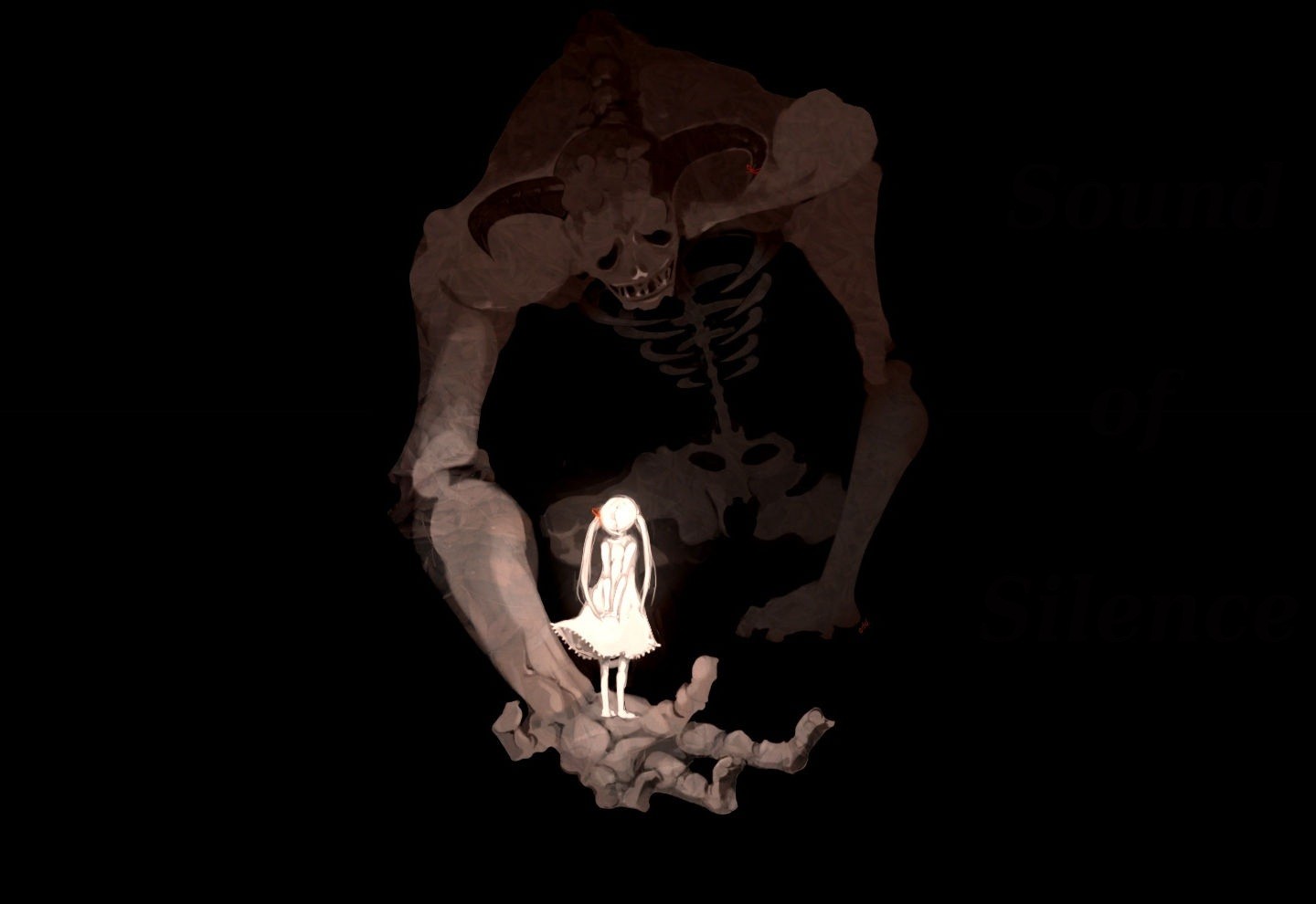 Girl standing on a skeletal hand with a demon behind her HD Wallpaper