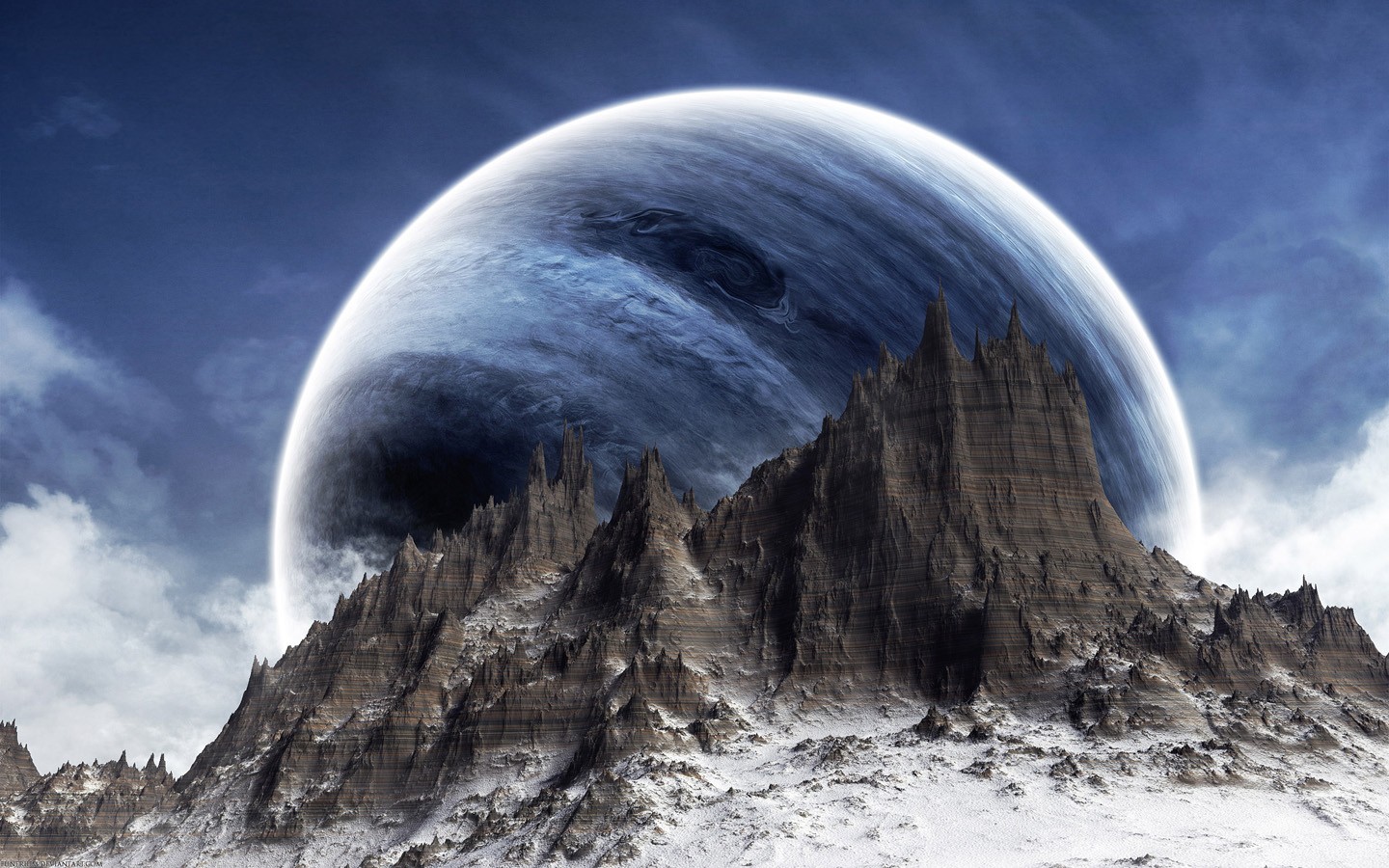 Alien planet with mountains and a large gas giant HD Wallpaper