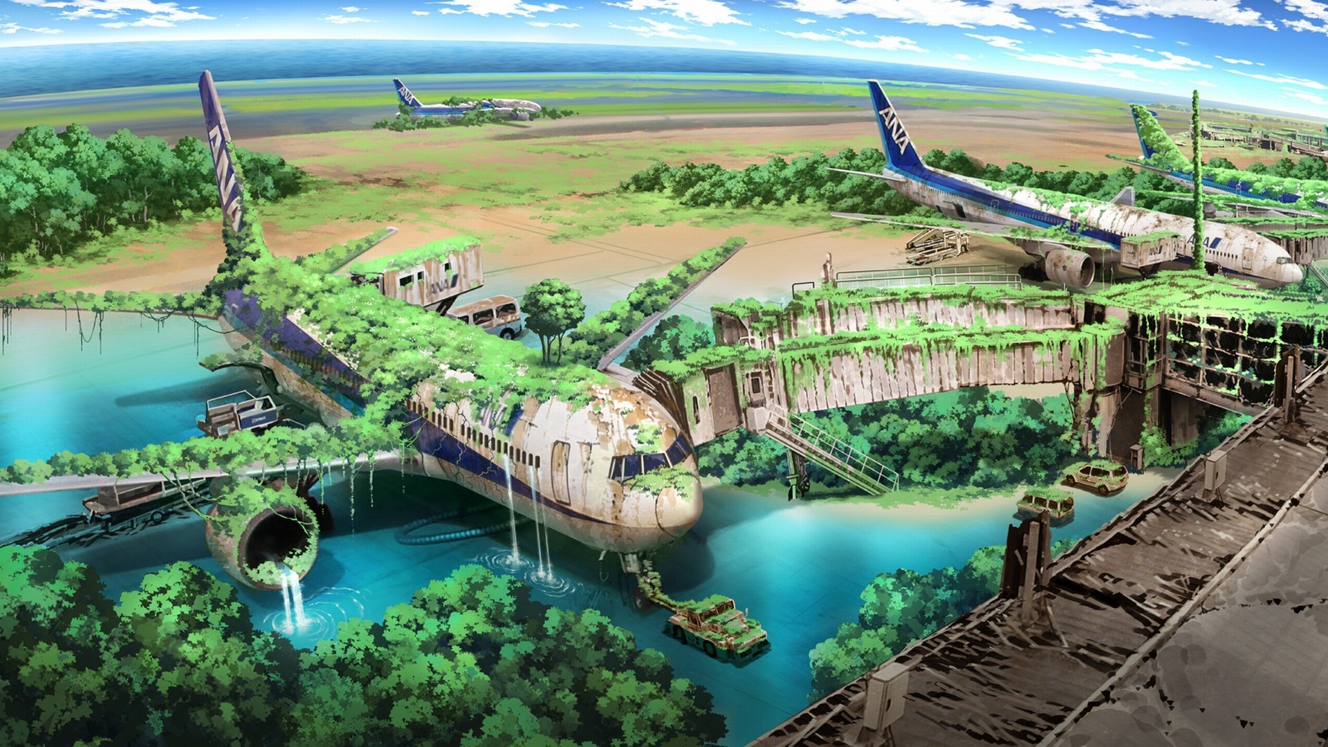 Abandoned ANA airplanes overgrown with nature HD Wallpaper
