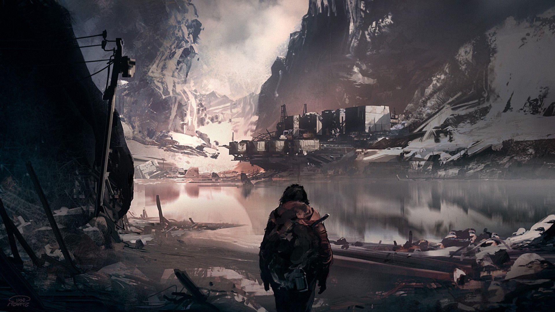 Apocalyptic landscape with a lone figure HD Wallpaper