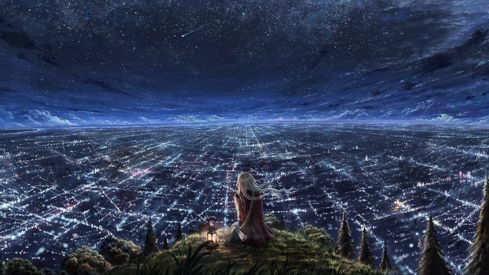 Fantasy girl overlooking a starry cityscape at night HD Wallpaper