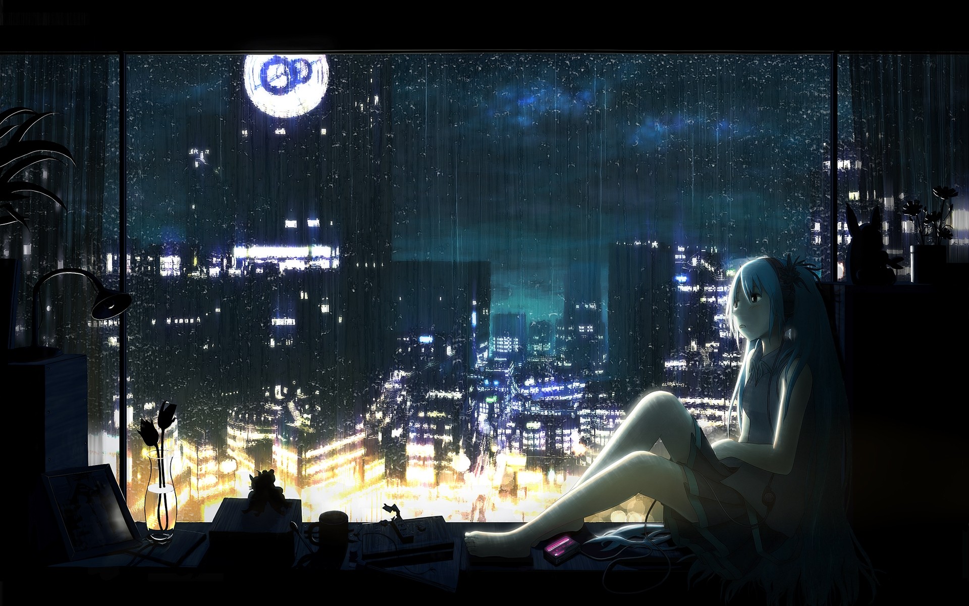 Hatsune Miku looking at a rainy cityscape from a window HD Wallpaper