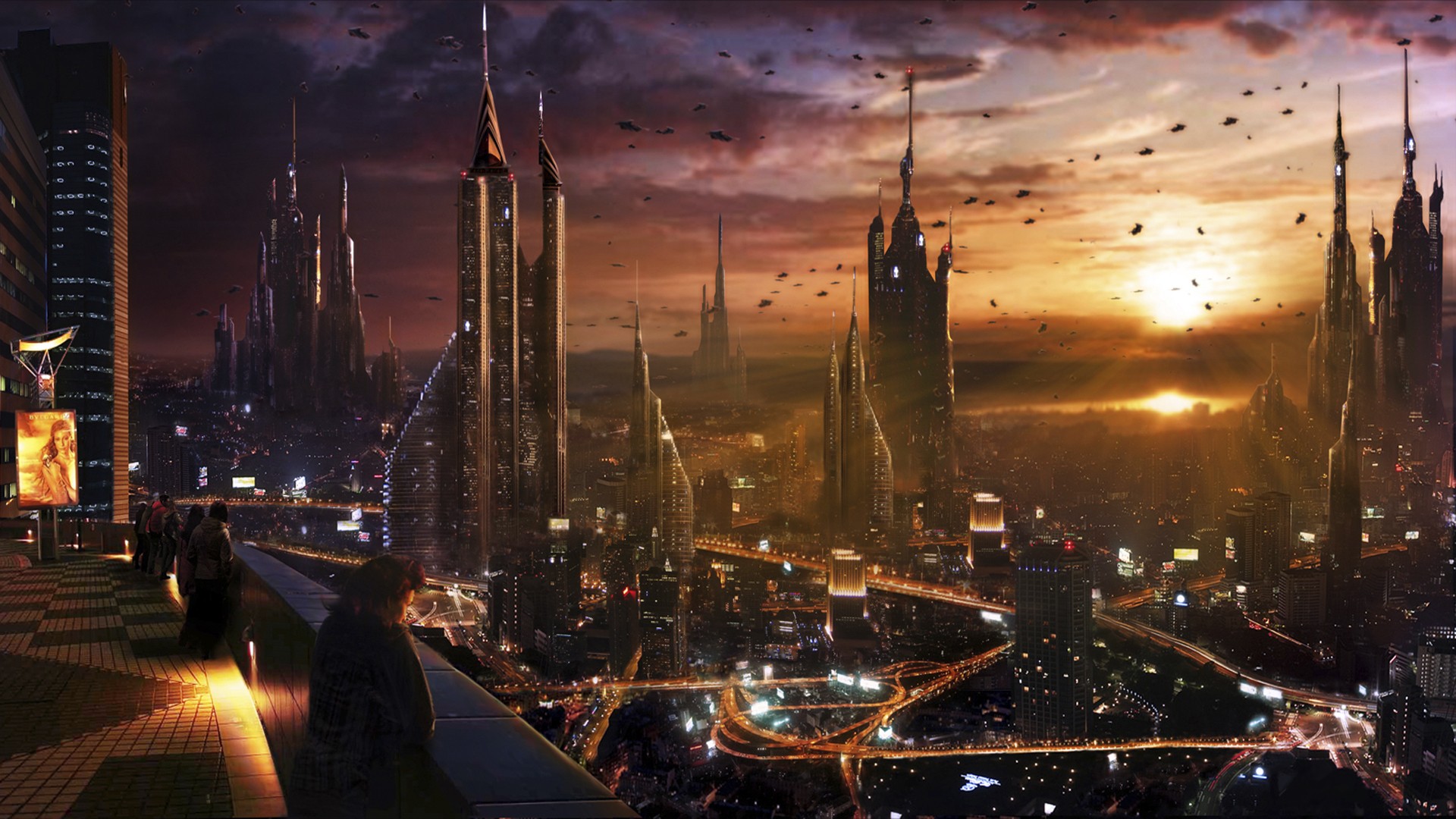 Futuristic cityscape with flying vehicles at sunset HD Wallpaper