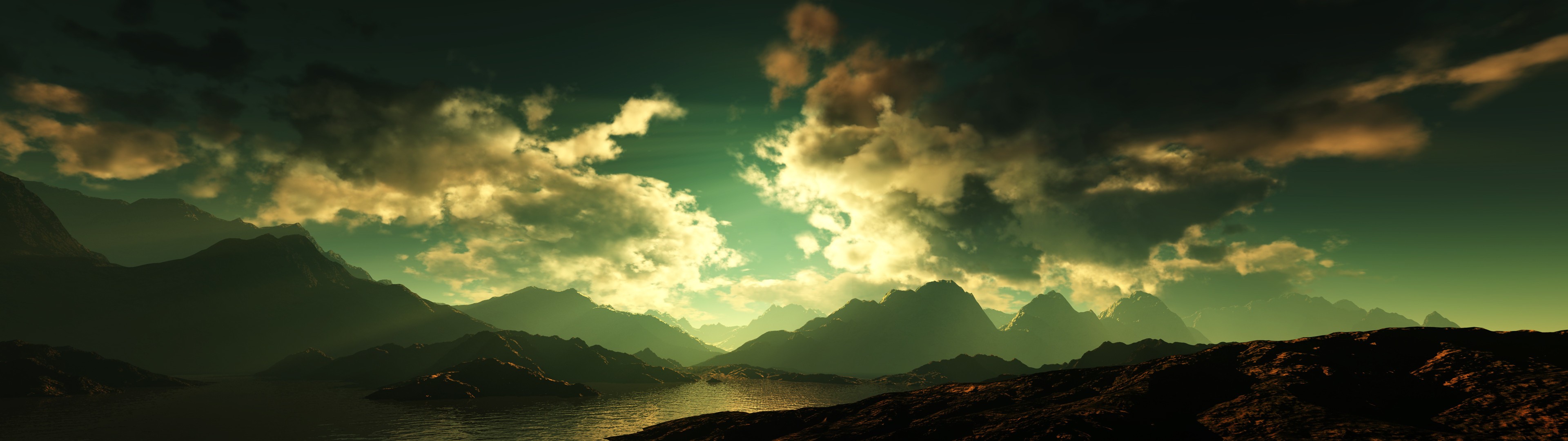 Panoramic mountain landscape with dramatic clouds HD Wallpaper