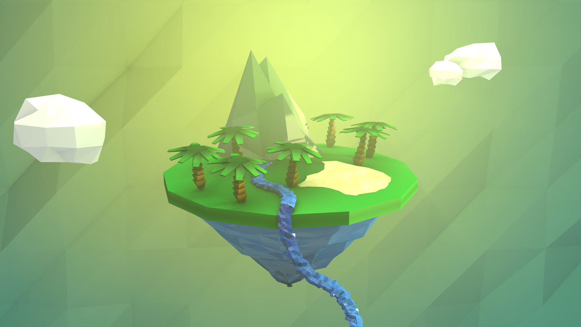 Low poly floating island with palm trees and mountains HD Wallpaper