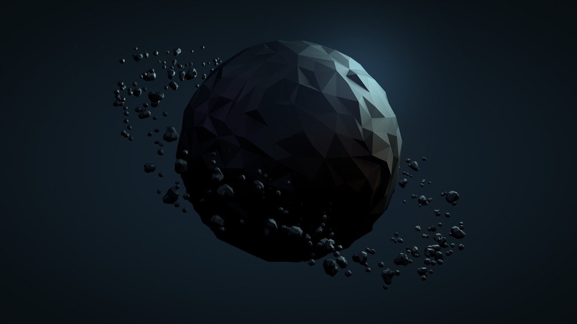 Low poly planet with orbiting asteroids HD Wallpaper