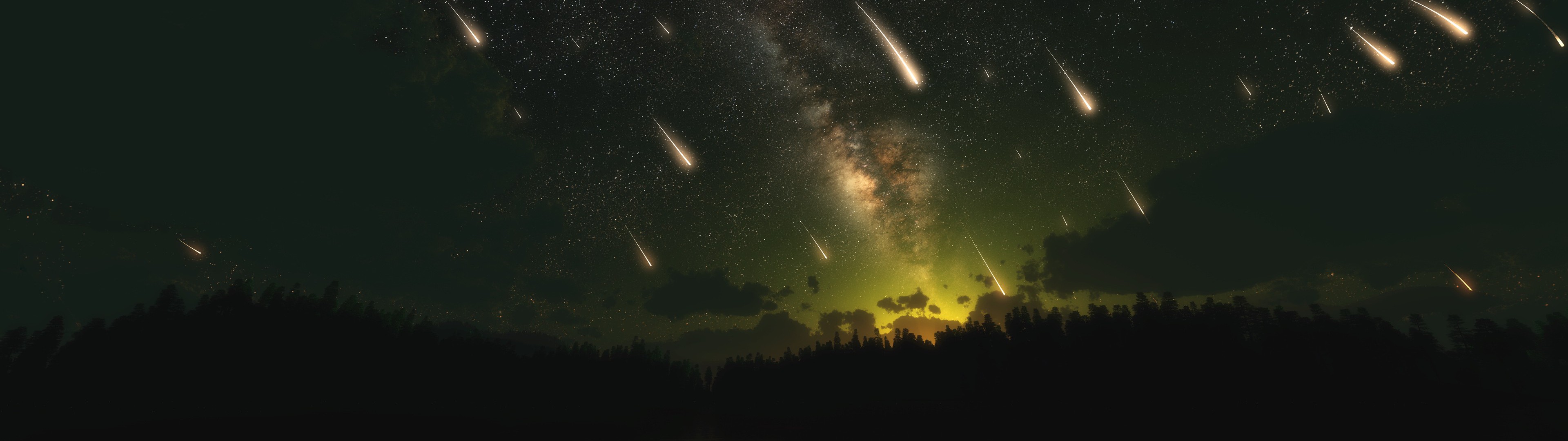 Meteor shower over a silhouetted forest and the Milky Way HD Wallpaper