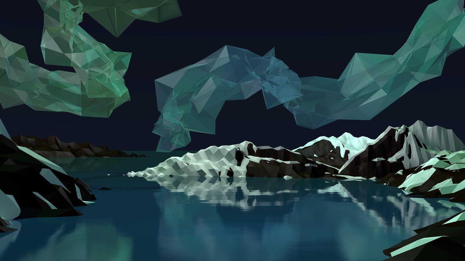Low poly abstract landscape with aurora and mountains HD Wallpaper