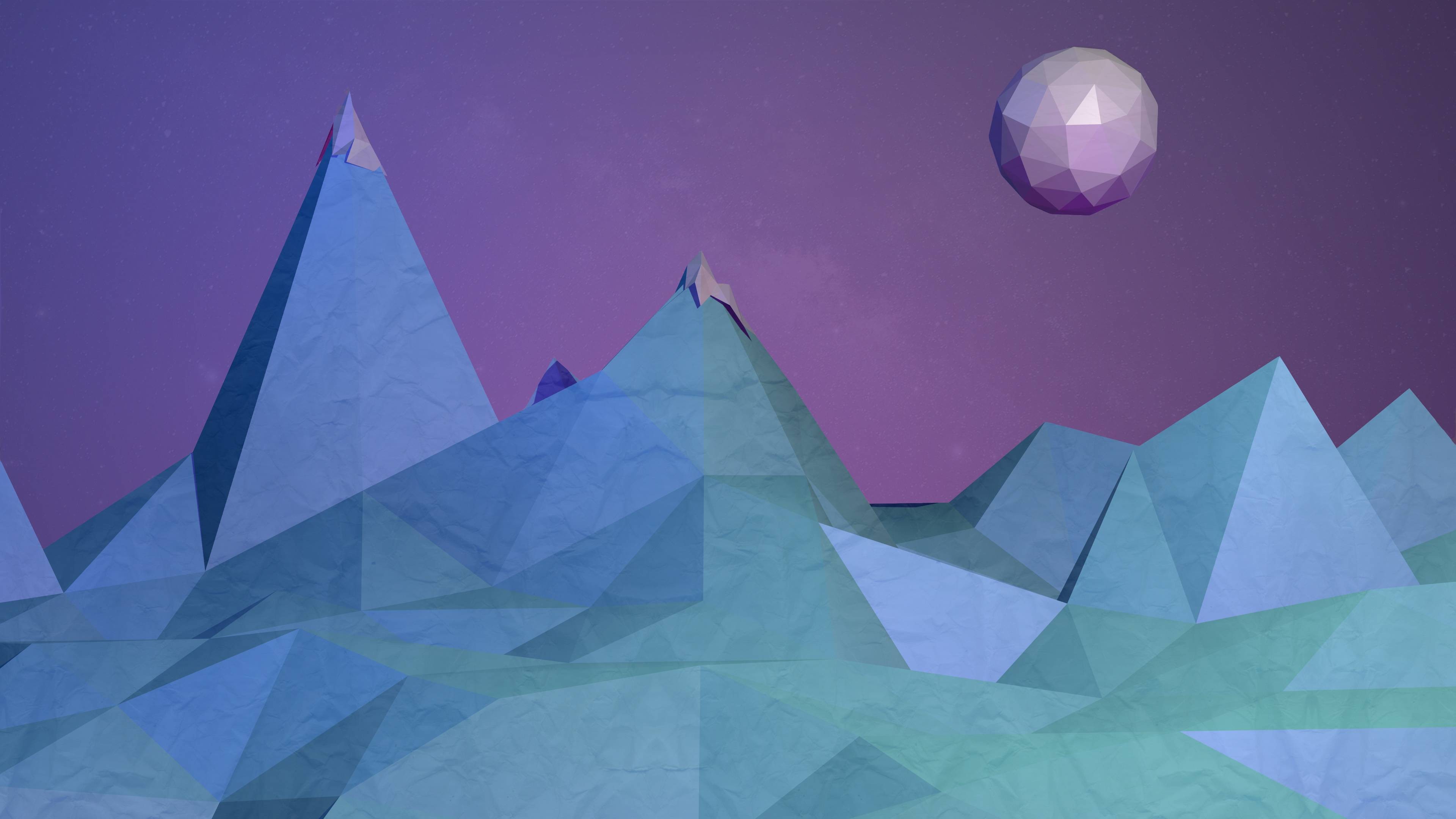 Low poly abstract mountains with a geometric planet HD Wallpaper
