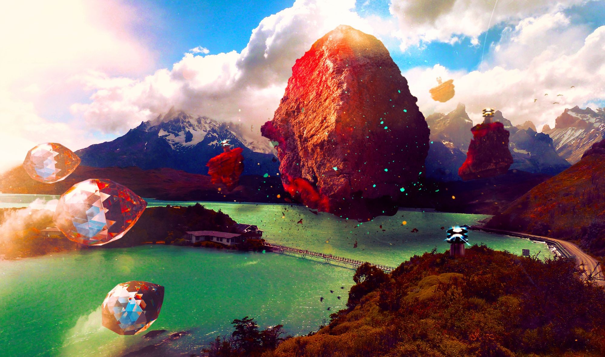 Surreal landscape with floating crystals and mountains HD Wallpaper