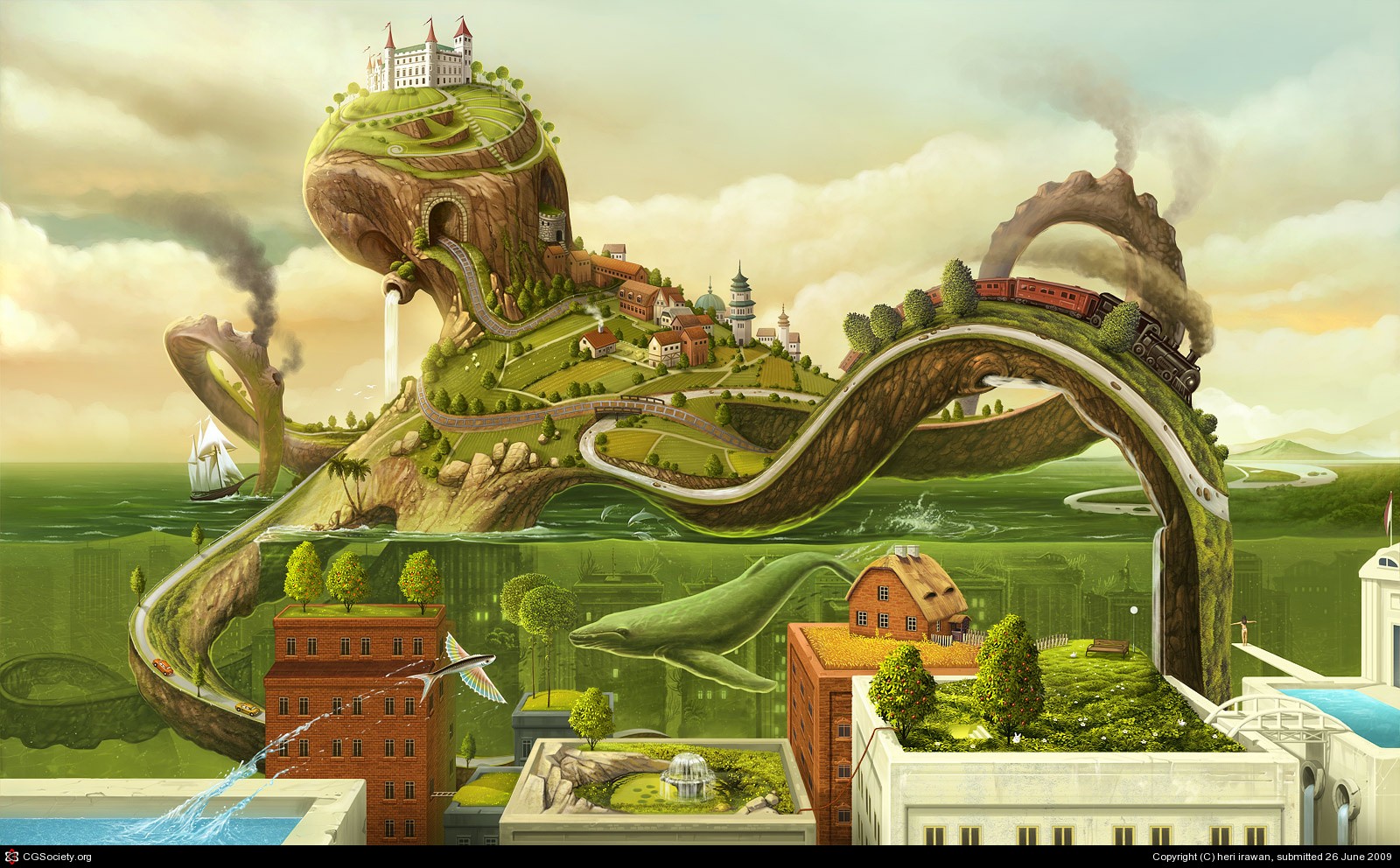 Surreal fantasy art of an octopus island with a castle and train HD Wallpaper