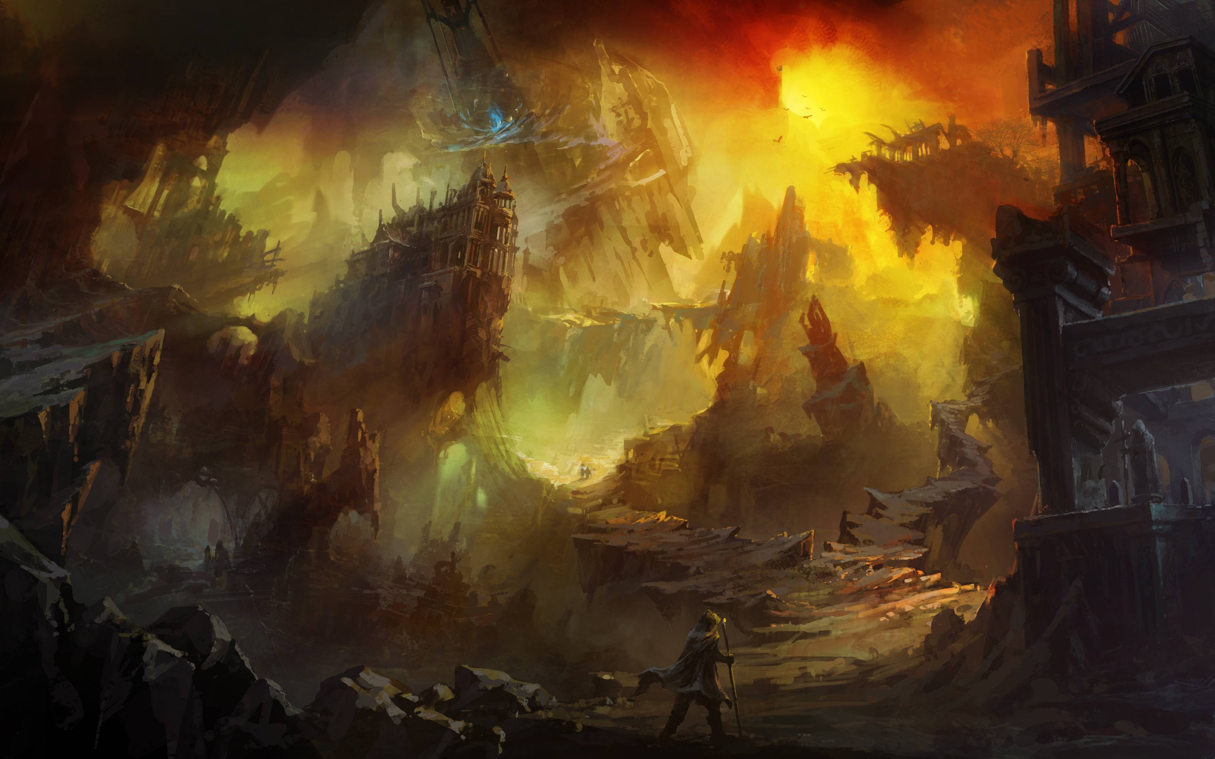 Fantasy landscape with ancient ruins and a traveler HD Wallpaper