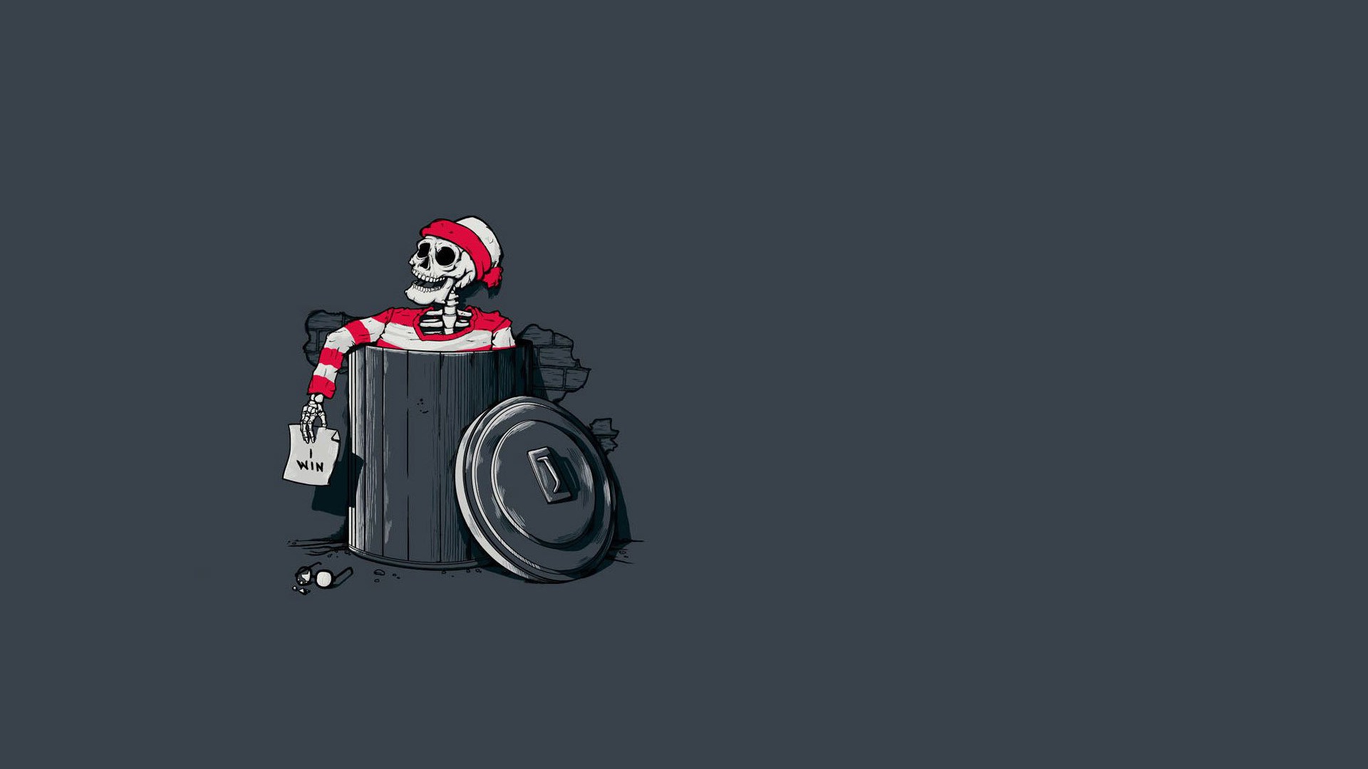 Skeleton dressed as Waldo in a trash can HD Wallpaper