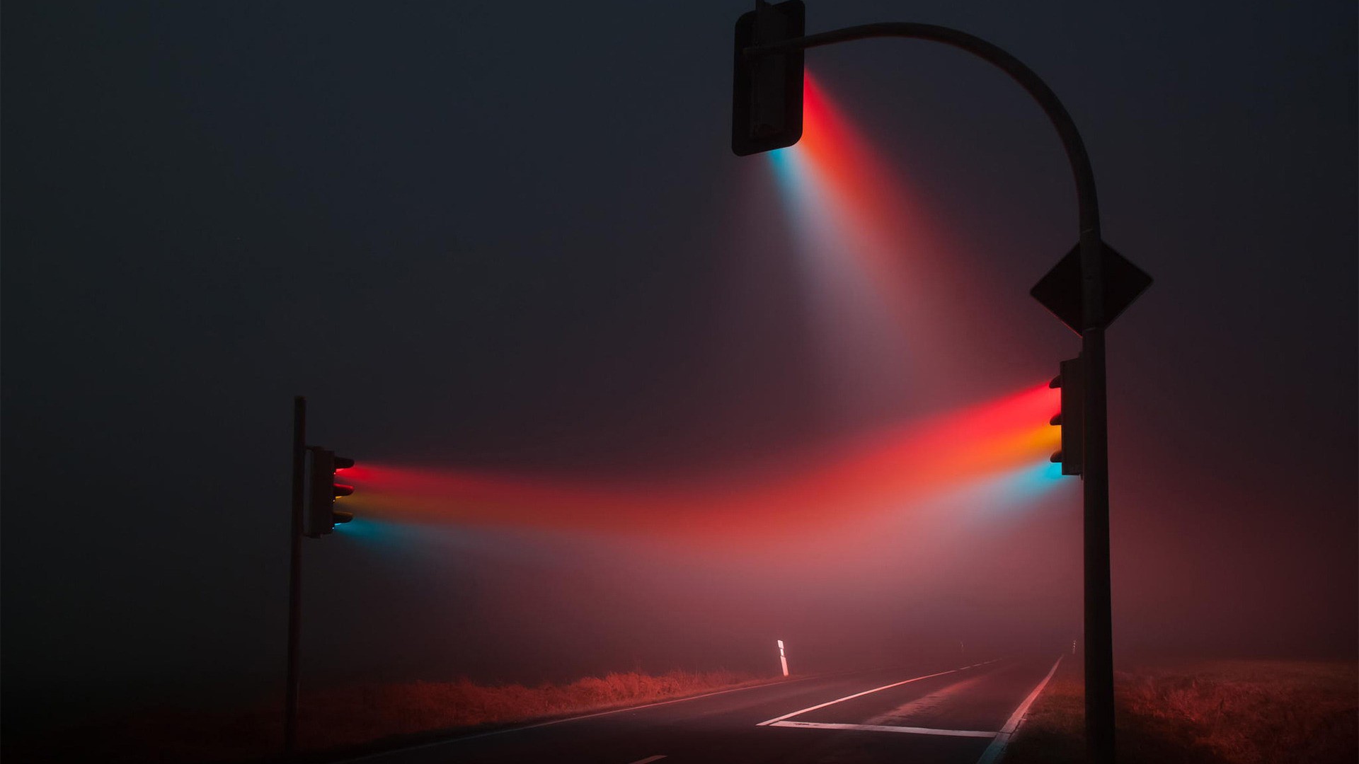 Traffic lights in fog with red and blue light beams HD Wallpaper