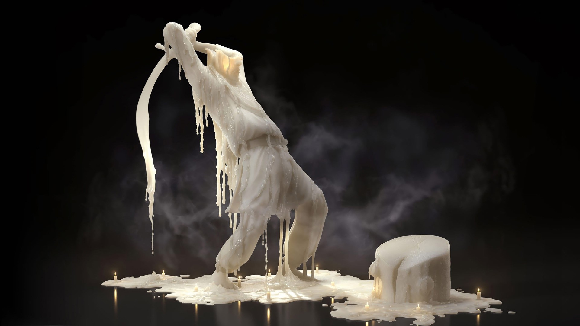 Figure made of melting wax with candles HD Wallpaper