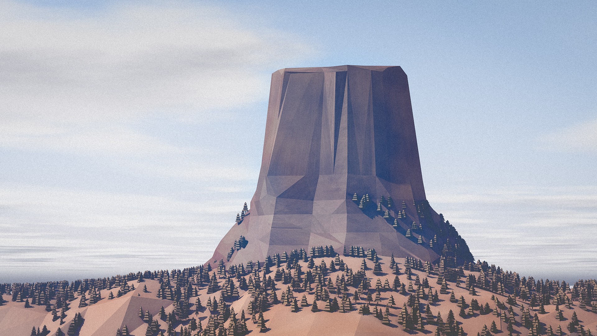Low poly mountain with trees under a cloudy sky HD Wallpaper