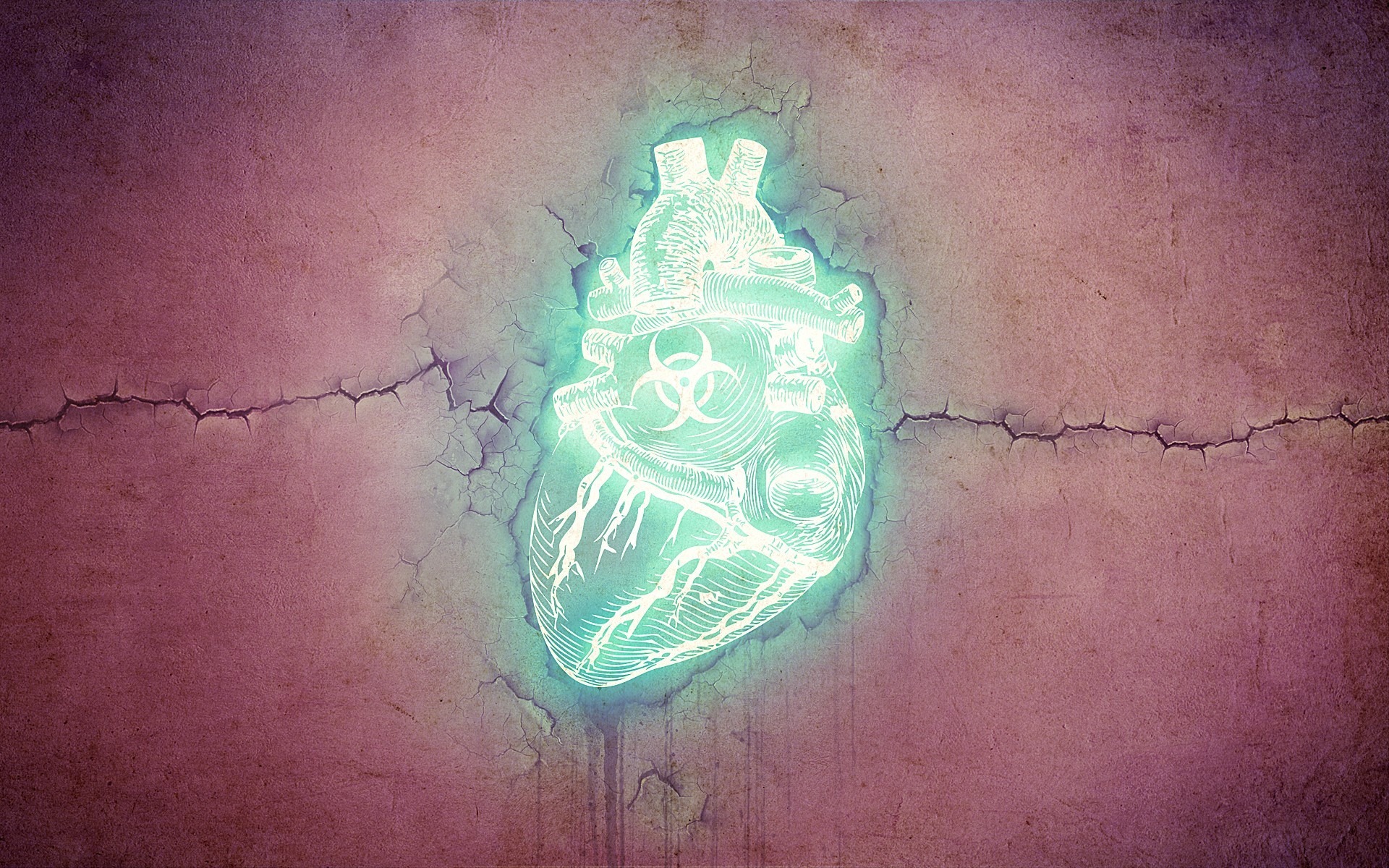 Digital art of a glowing heart with biohazard symbol HD Wallpaper