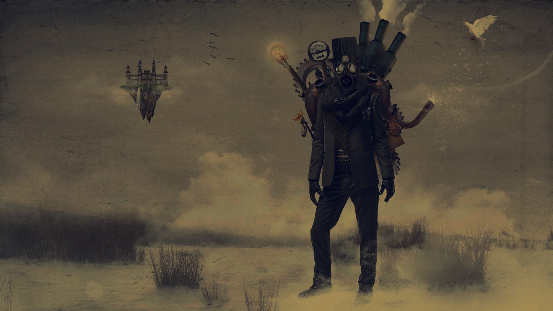 Steampunk figure with floating castle and dove HD Wallpaper