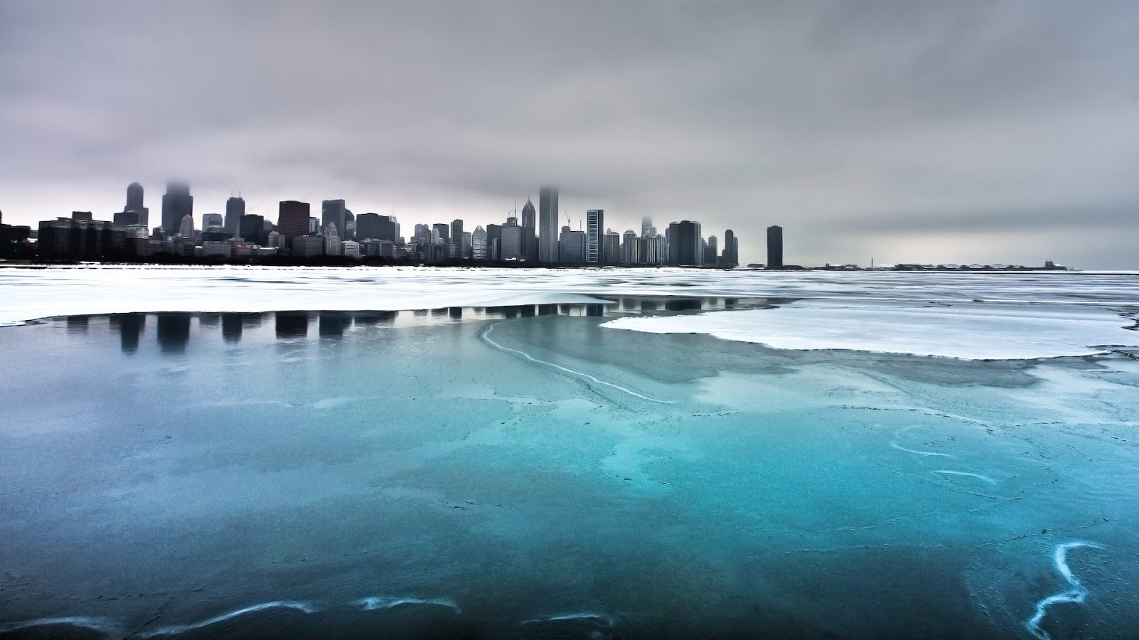 Chicago cityscape over frozen lake in winter HD Wallpaper