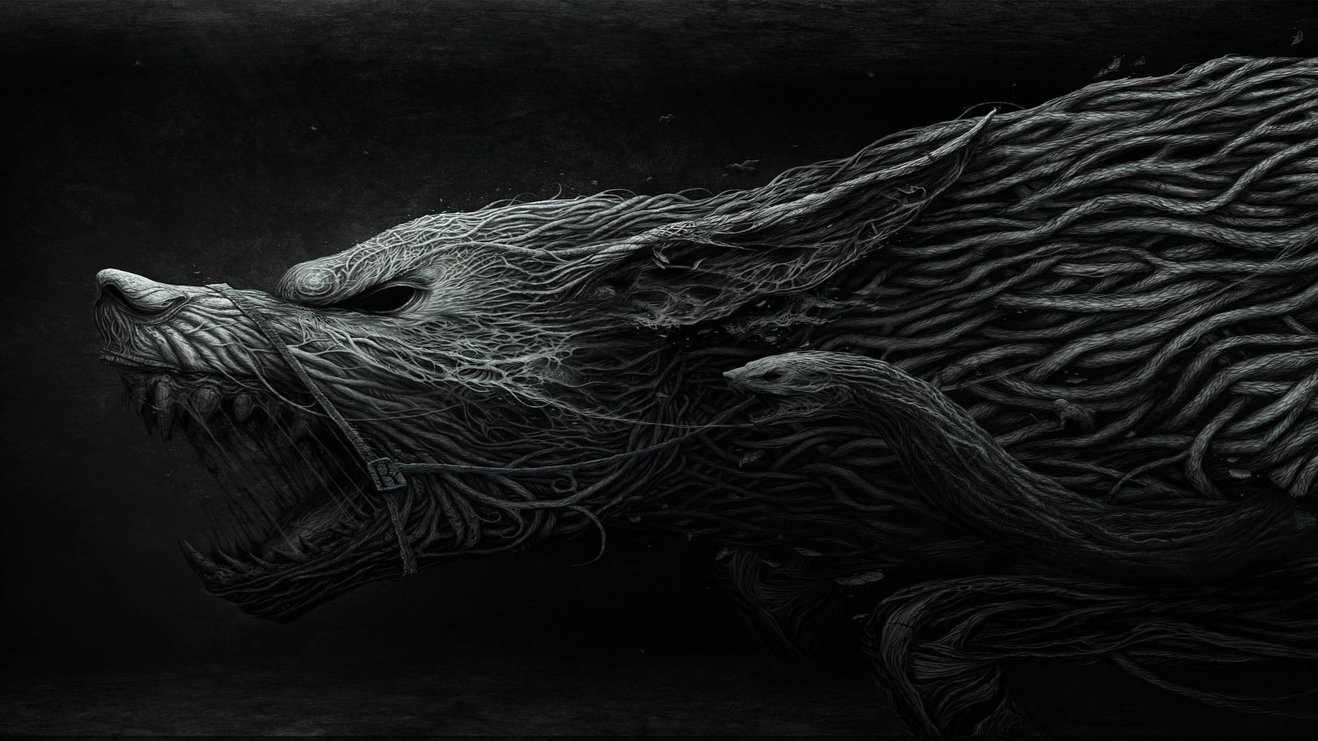 Creature made of roots and vines in dark fantasy art HD Wallpaper