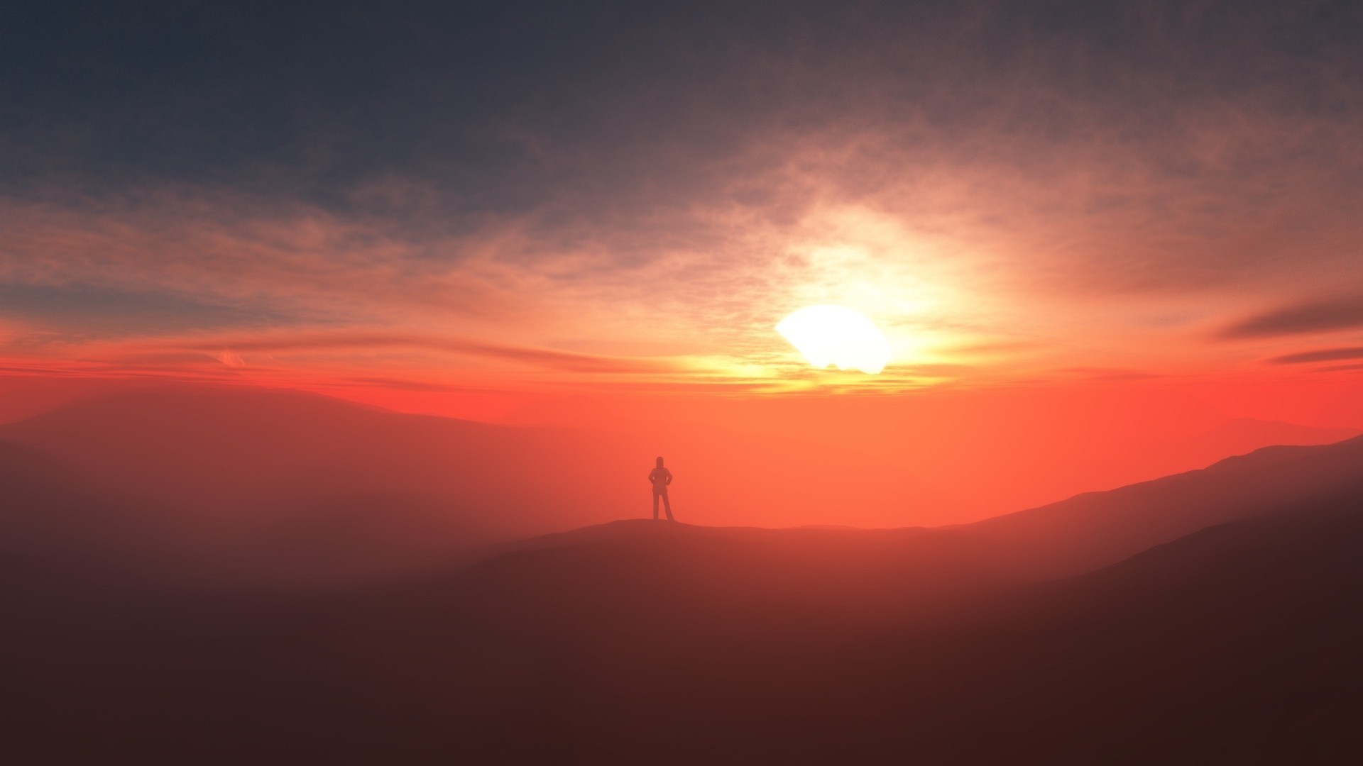 Silhouette of a person on a mountain at sunset HD Wallpaper