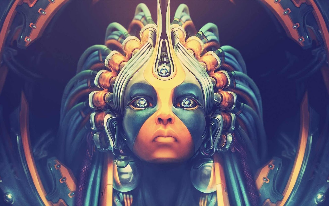 Fantasy art of a cyborg woman with intricate headpiece HD Wallpaper