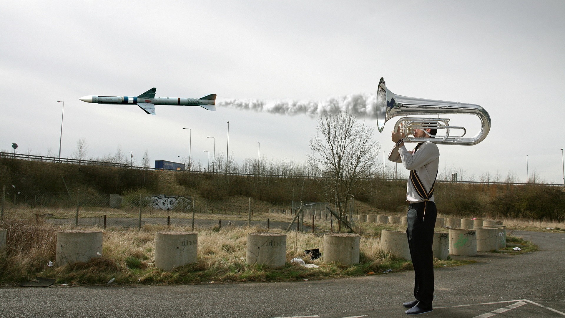 Rocket and Tuba Player in Photo Manipulation HD Wallpaper