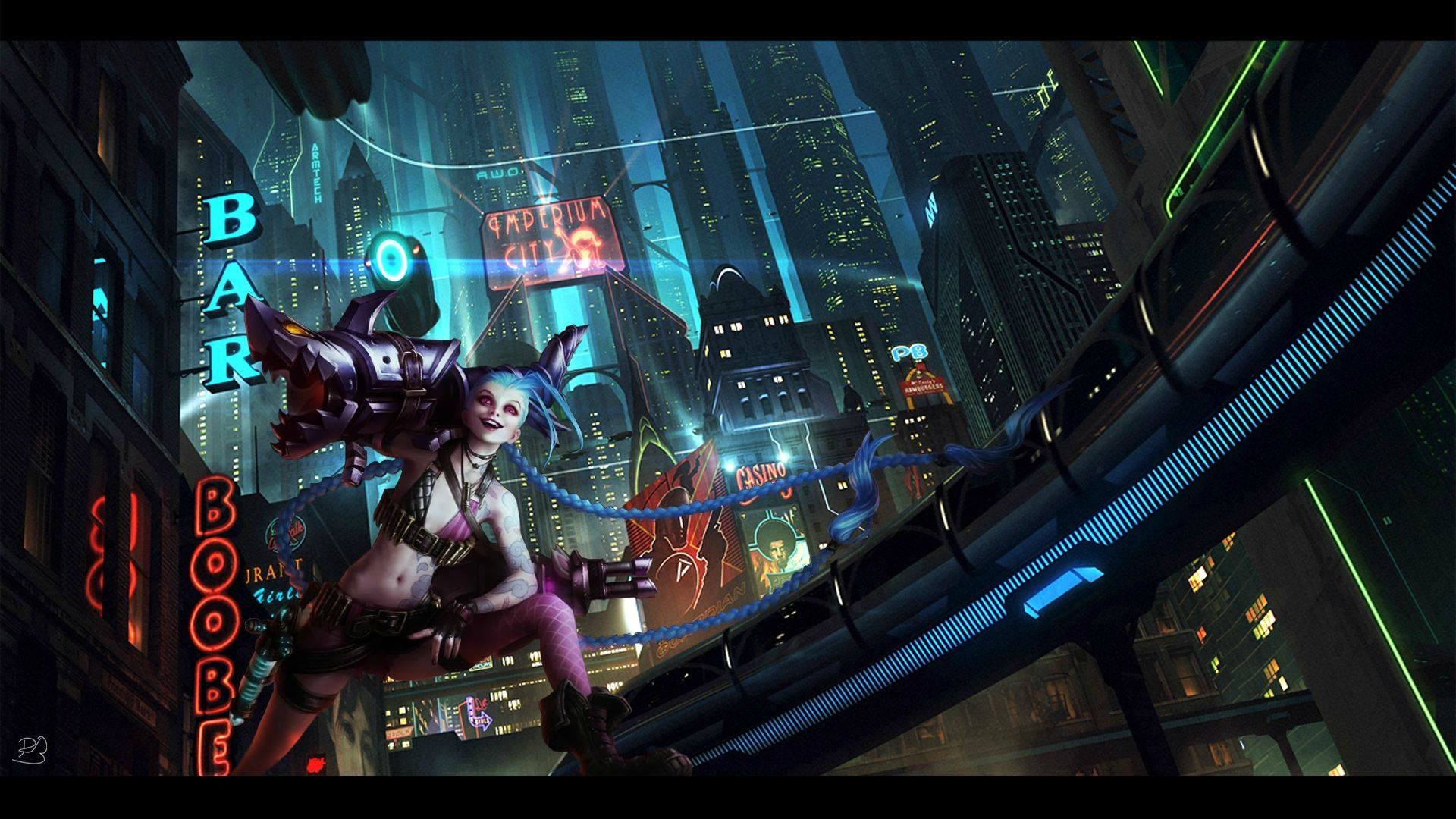 Jinx from League of Legends in a neon city HD Wallpaper