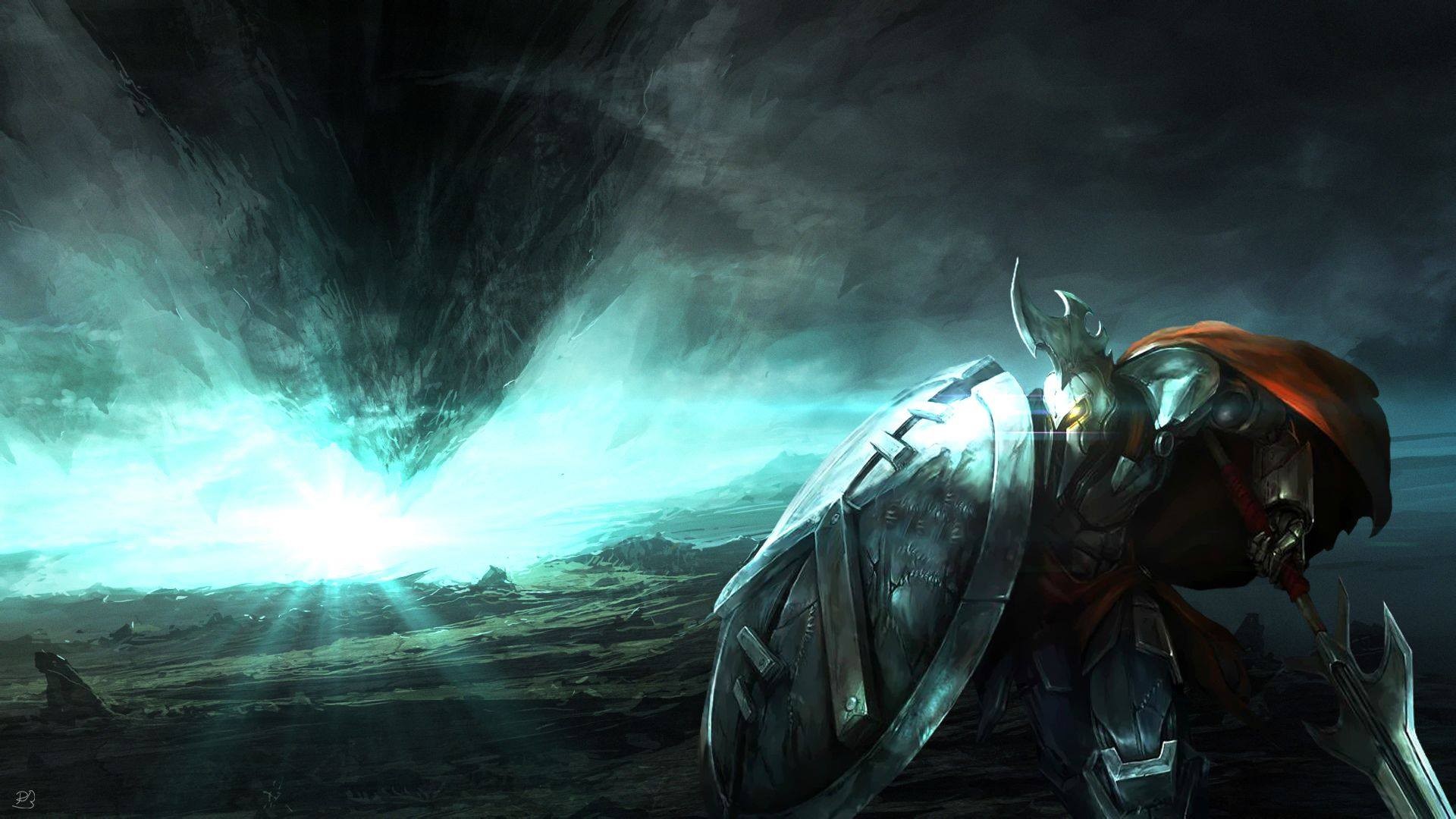 League of Legends warrior with shield and sword HD Wallpaper