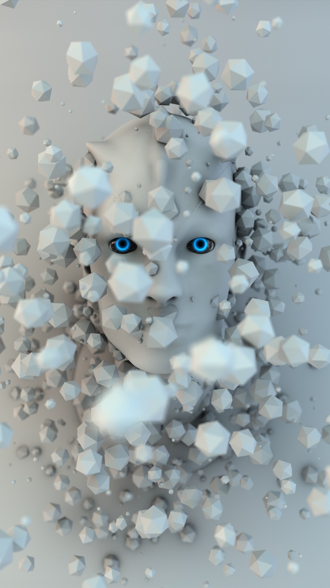 Low poly robot face with blue eyes surrounded by geometric shapes HD Wallpaper