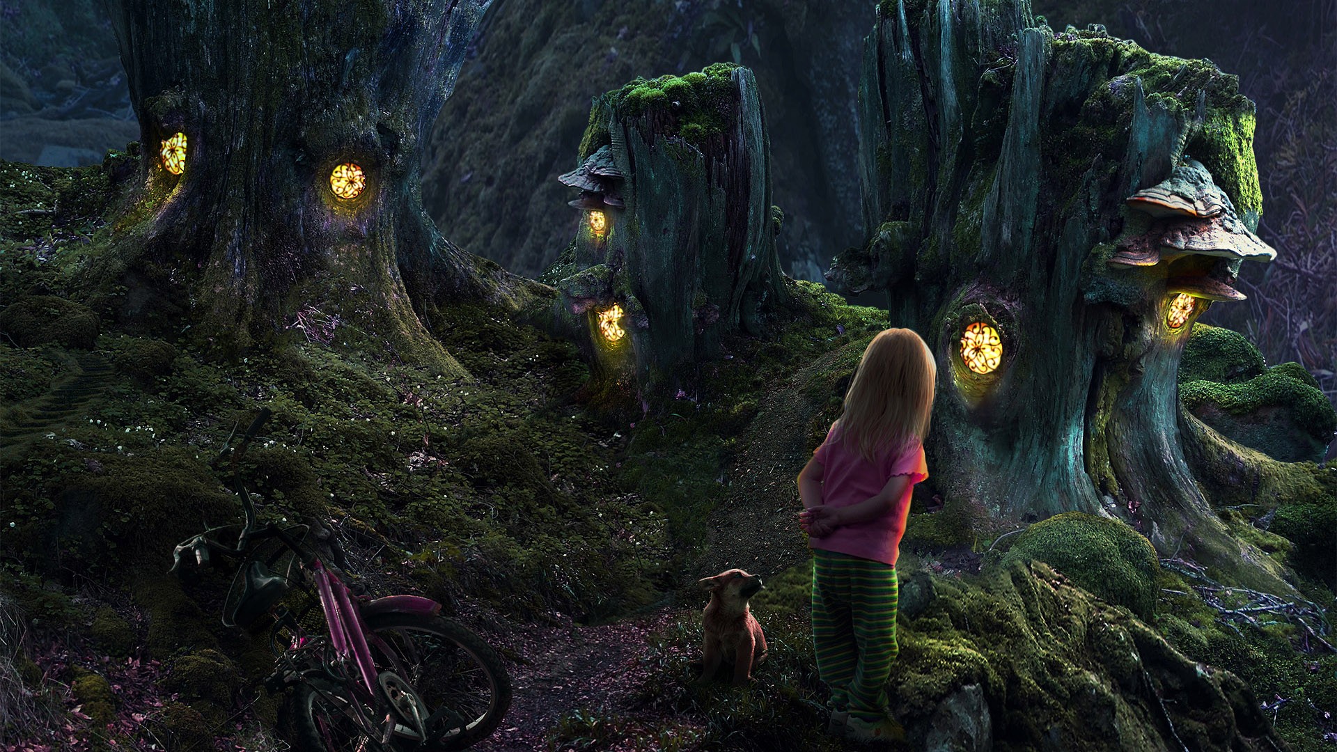 Fantasy forest with glowing lights and a girl HD Wallpaper