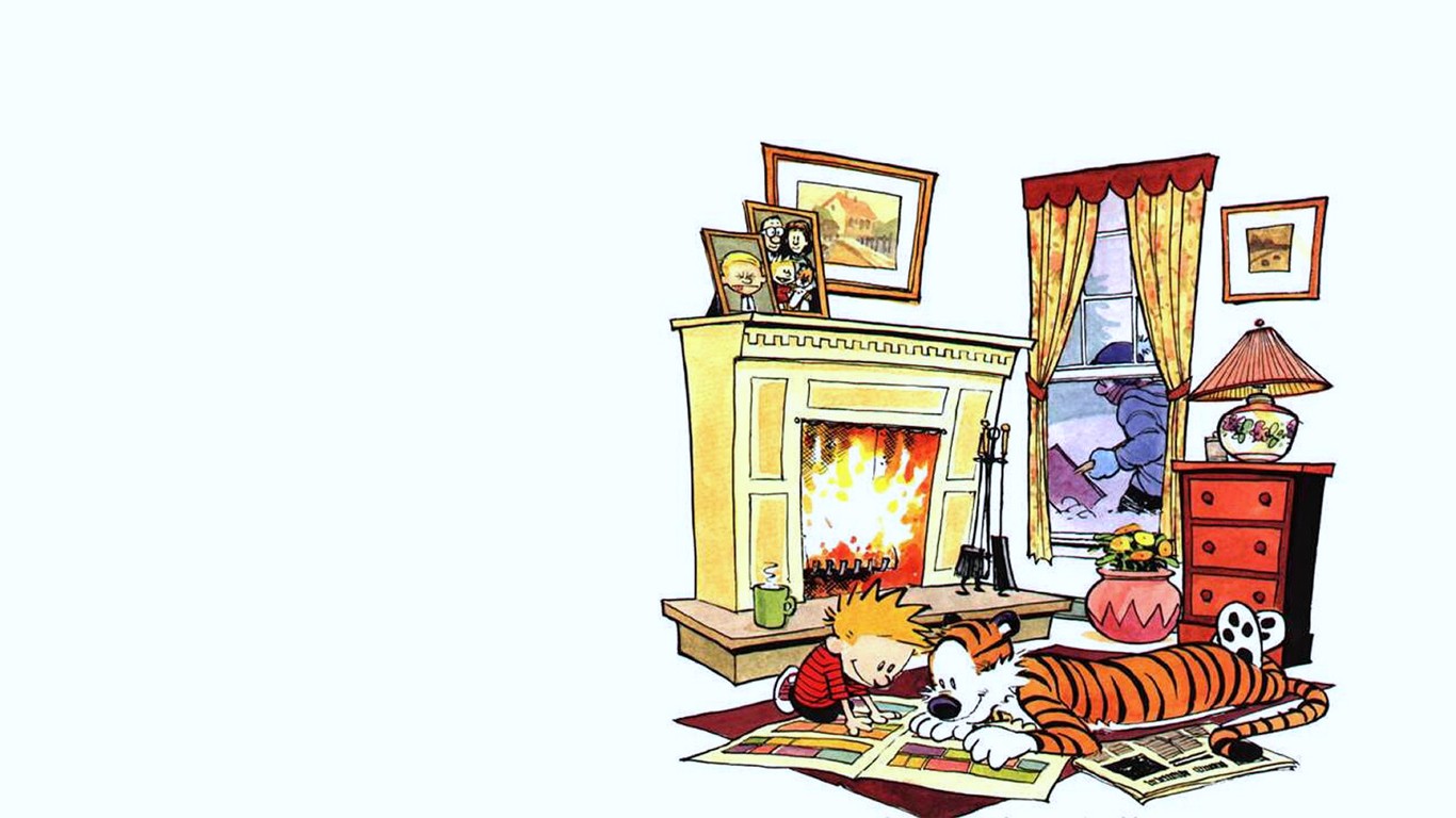 Calvin and Hobbes by a Fireplace HD Wallpaper