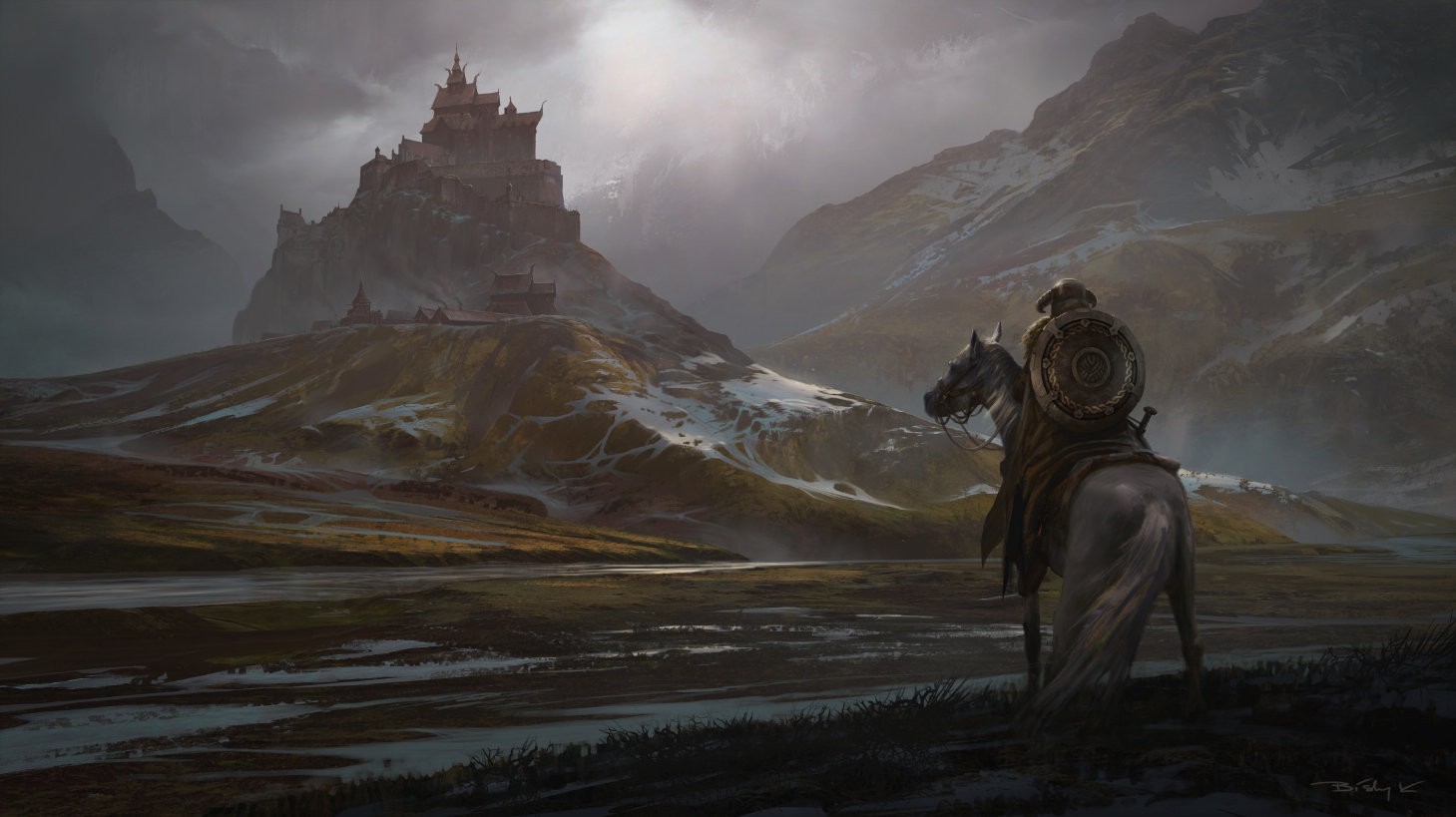 The Elder Scrolls V: Skyrim - Warrior Approaching Castle HD Wallpaper
