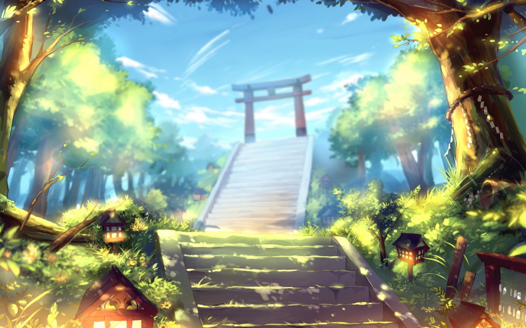 Anime forest with torii gate and stairs HD Wallpaper