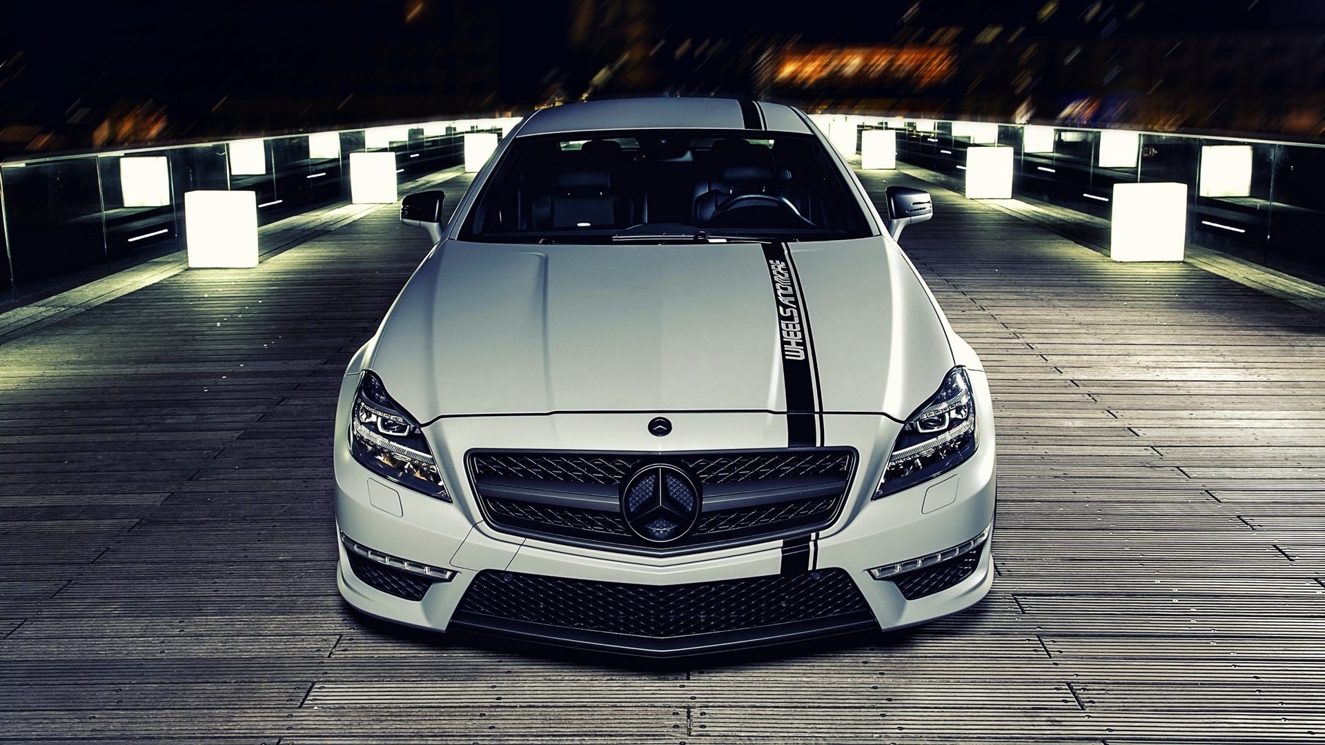 White Mercedes-Benz CLS with racing stripes HD Wallpaper
