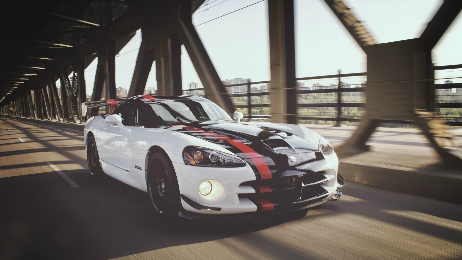 White Dodge Viper ACR with Red Stripes on Bridge HD Wallpaper
