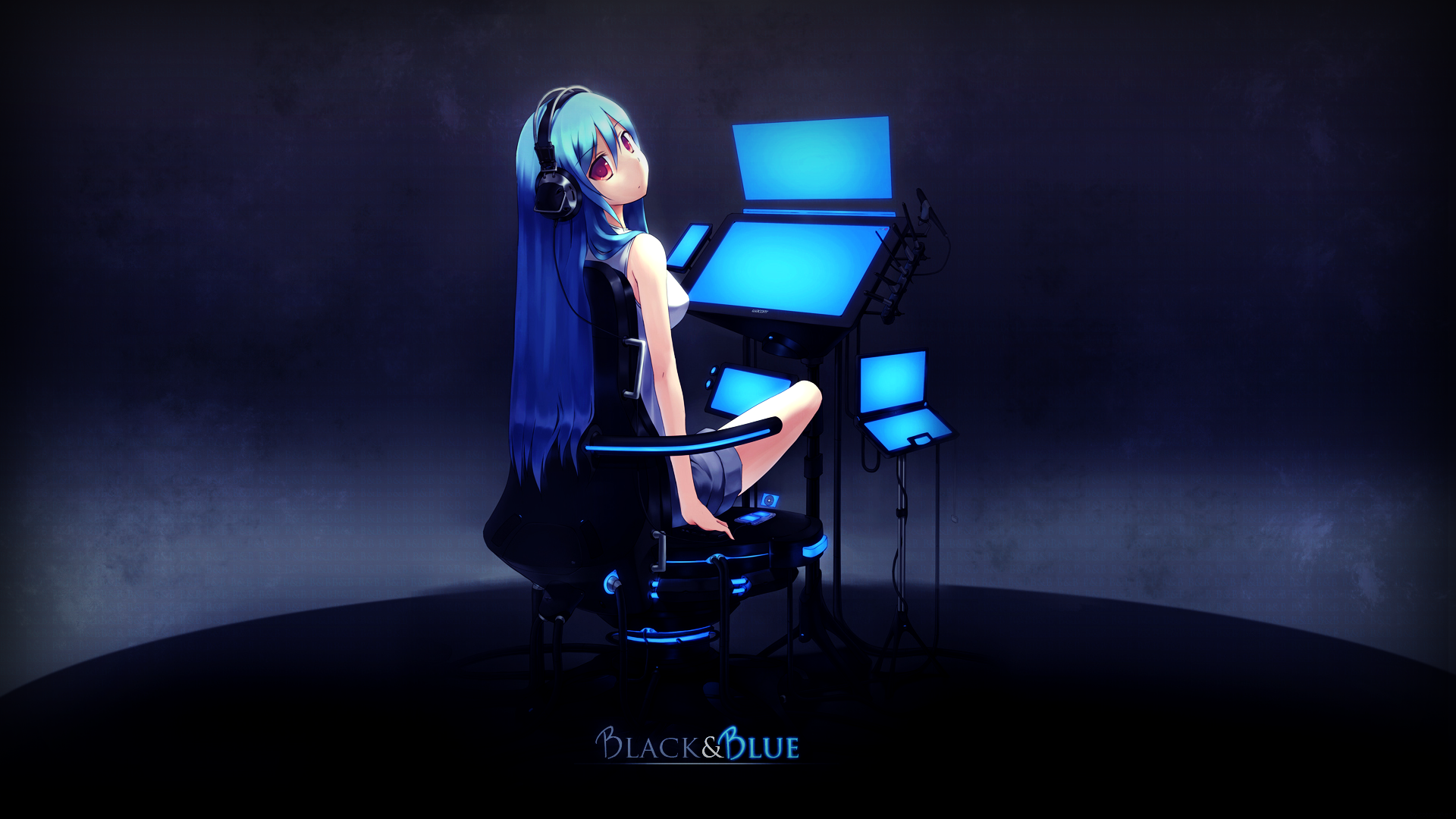 Anime girl with blue hair and headphones at a computer HD Wallpaper