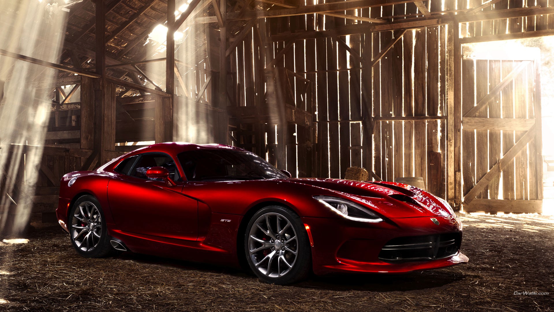 Red Dodge Viper in a rustic barn HD Wallpaper