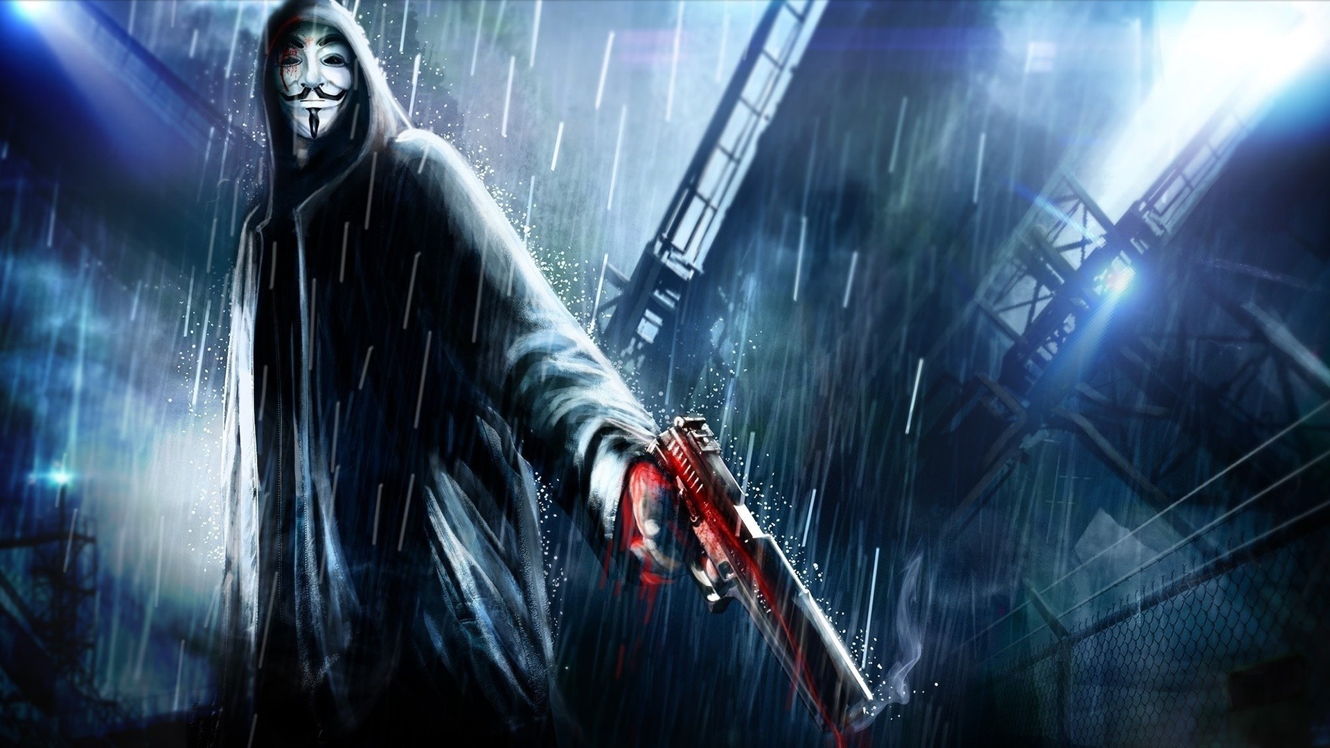 Anonymous figure holding a bloody gun in the rain HD Wallpaper