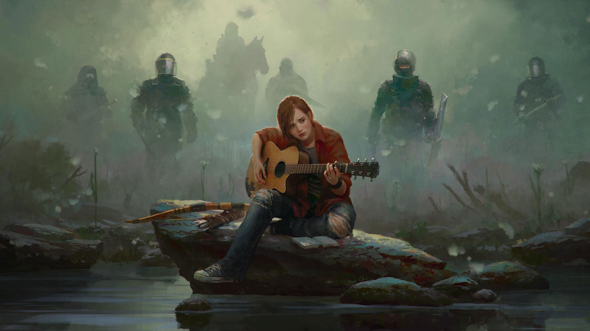 Ellie from The Last of Us playing guitar with soldiers in background HD Wallpaper