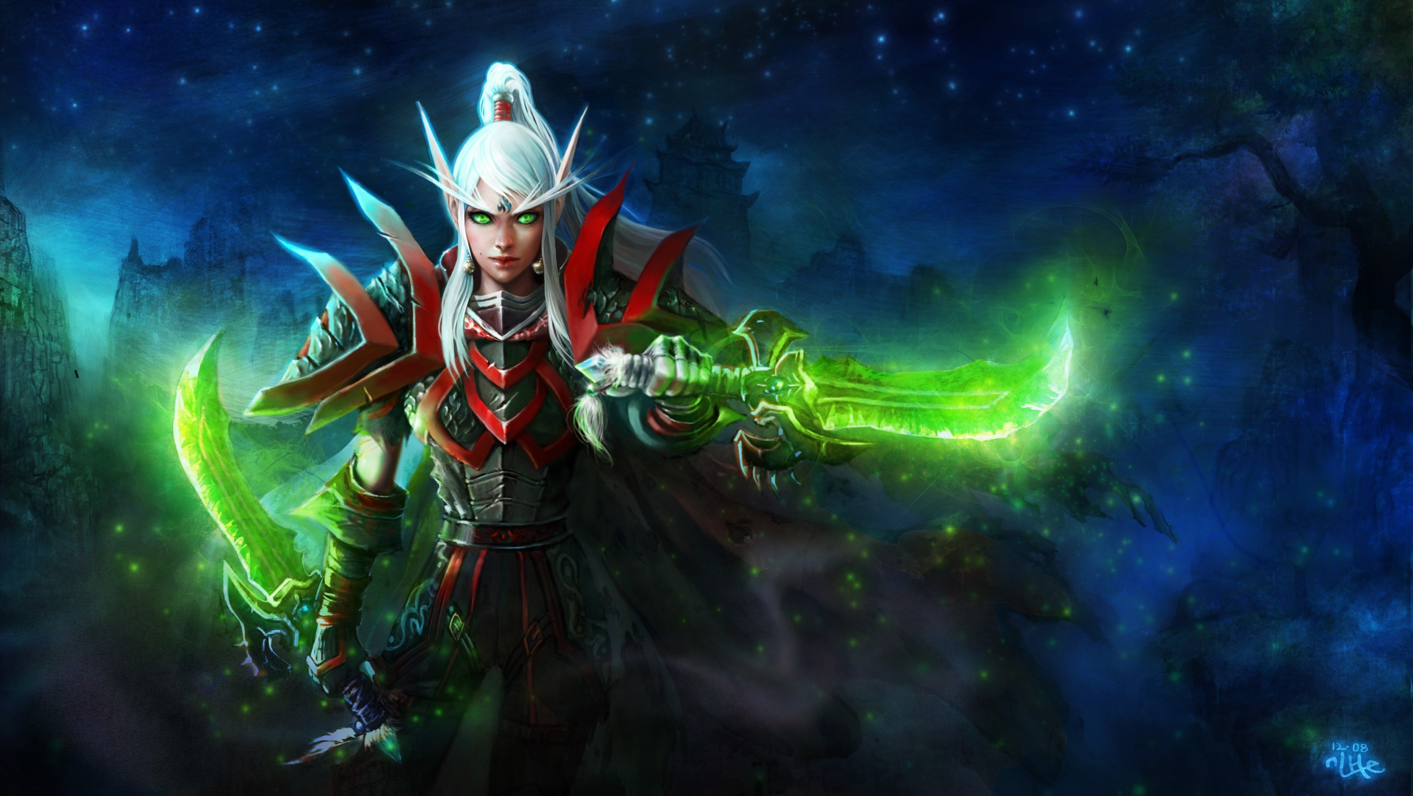 World of Warcraft Blood Elf with glowing green daggers HD Wallpaper